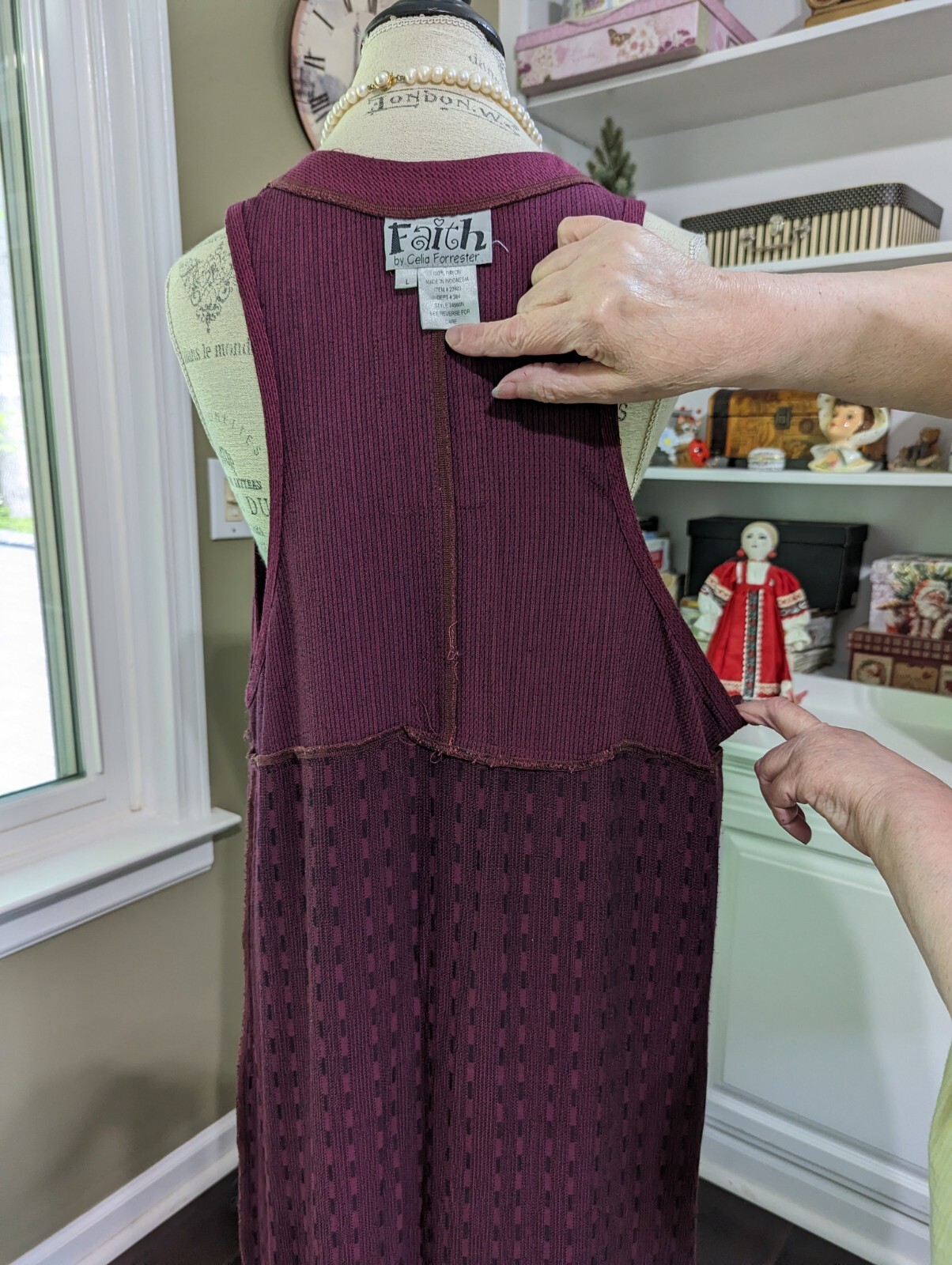 VTG LONG DRESS/ROMPER w/Diff. Fabrics-Embr-Beads-Mother of Pearl Accents-size L