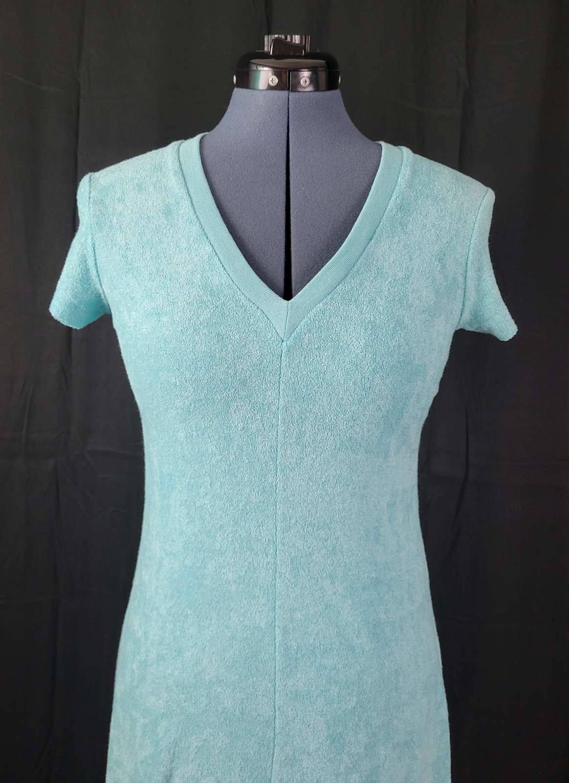 Vintage Turquoise Blue Terry Cloth S/S Dress/Cover-Up w V-Neck Size 32 (XS)