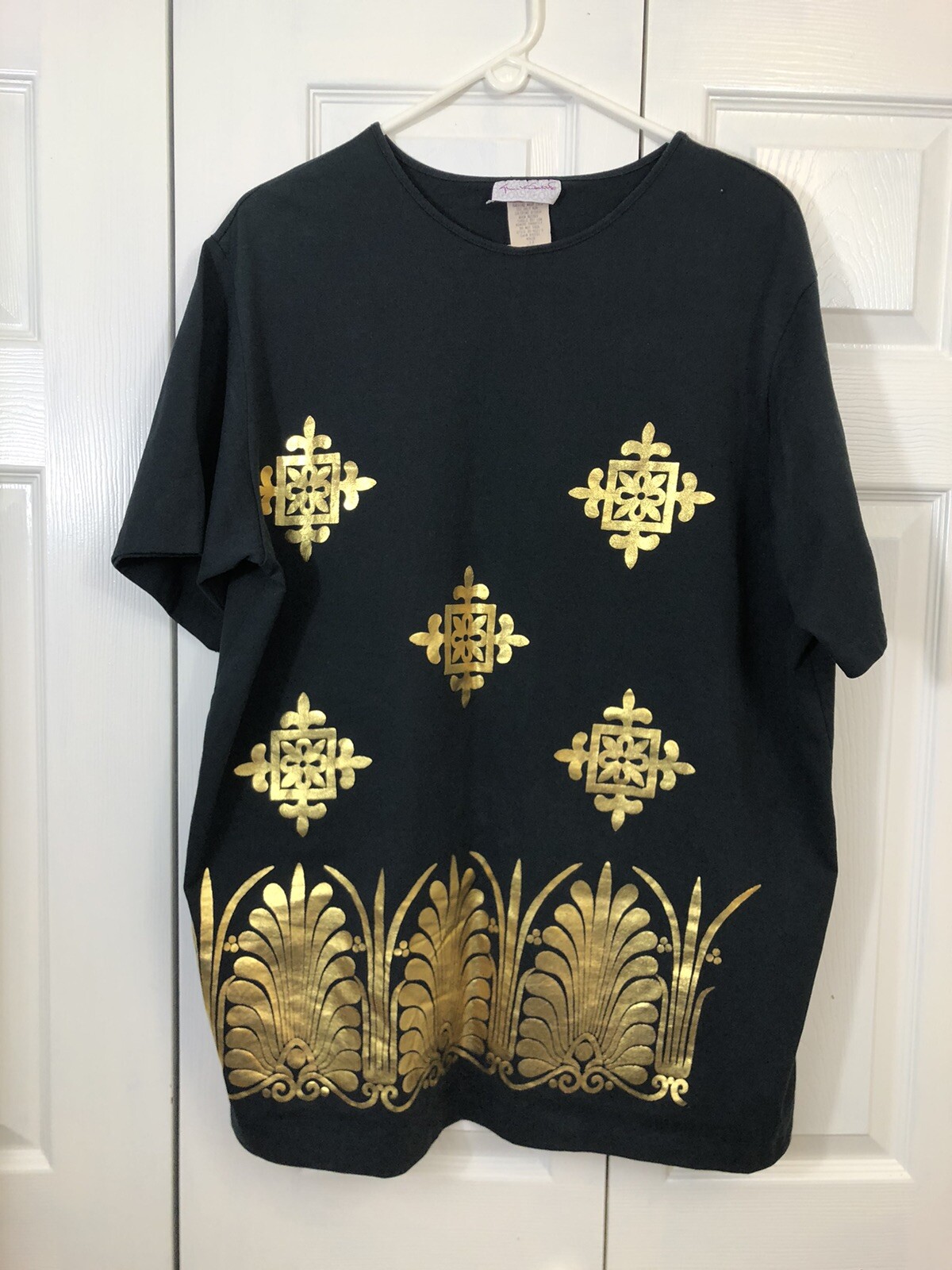 Vintage 70’s Gloria Vanderbilt Black w/ Gold Metallic Art Deco T shirt Womans 1X