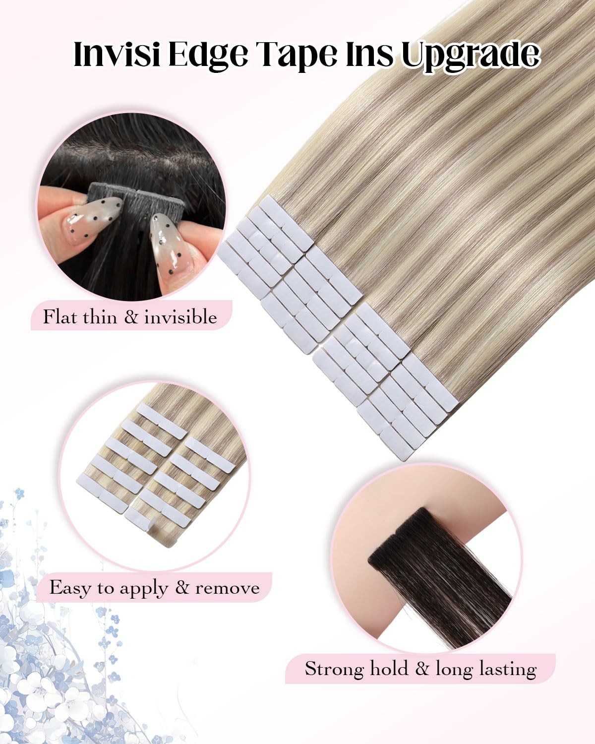 XDhair Invisble Tape in Hair Extensions Human Hair Ash Blonde Highlight Platinum
