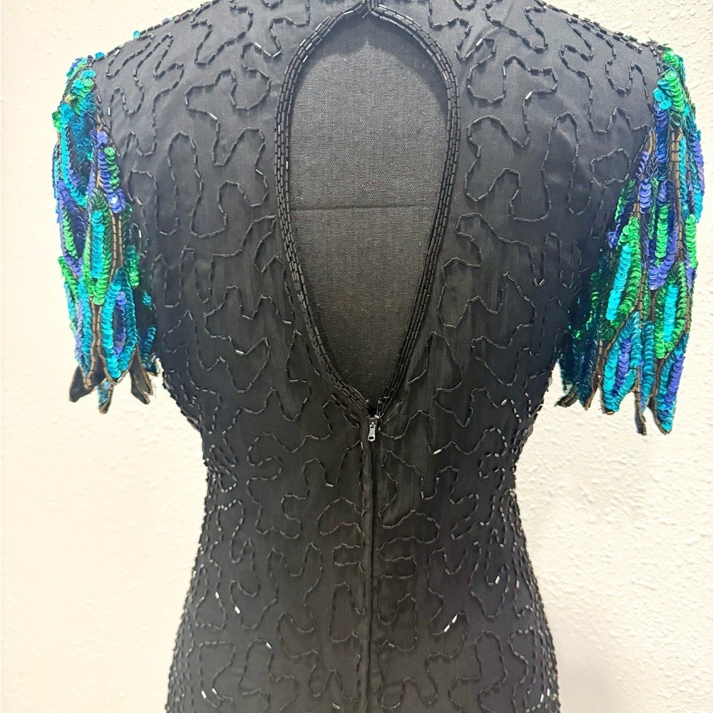 Vintage Stunning Black 100% silk Dress with Green and Blue Sequins 6