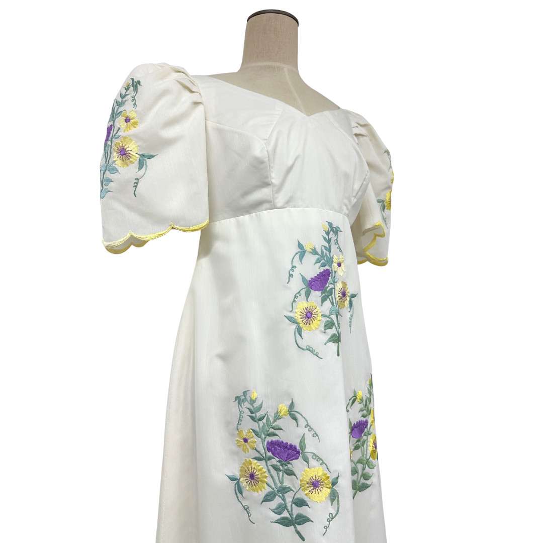 Vintage 1960s La Roncal Olongapo Filipiniana Puff Sleeve Embroidered Dress