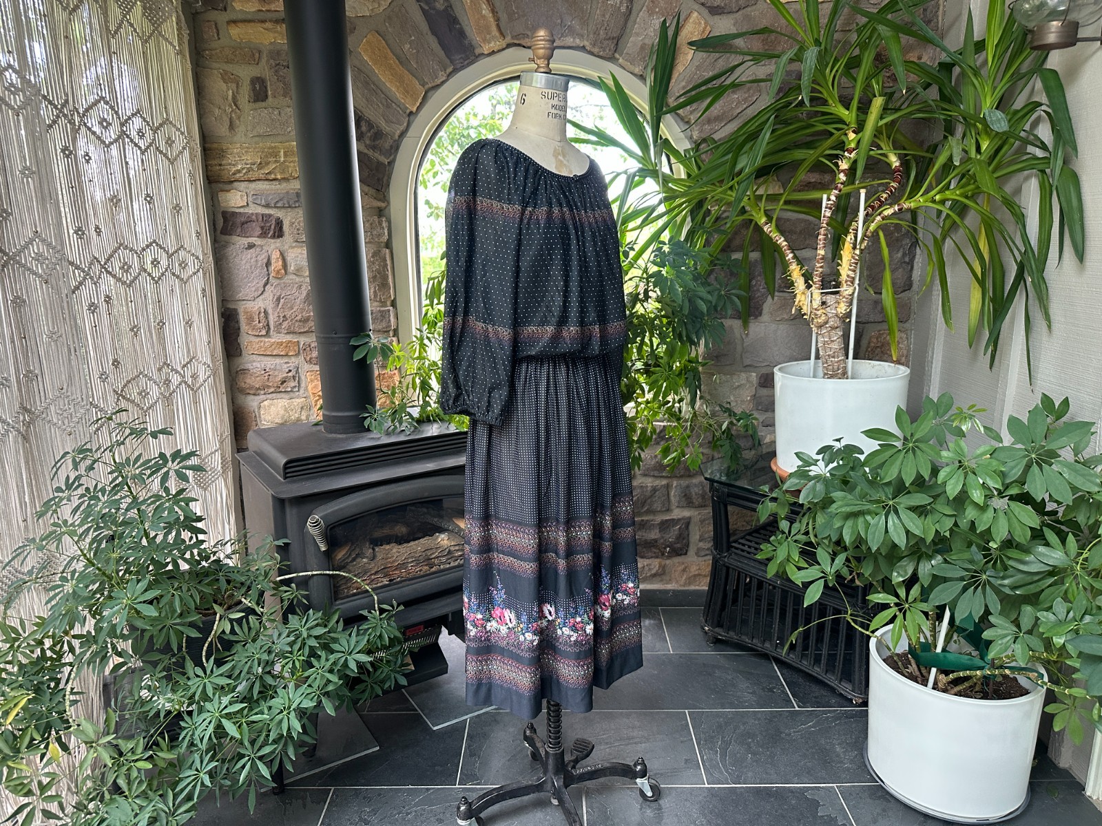 Vintage 1970s Black Floral and Polka Dot Knit Dress Liz Roberts Inc