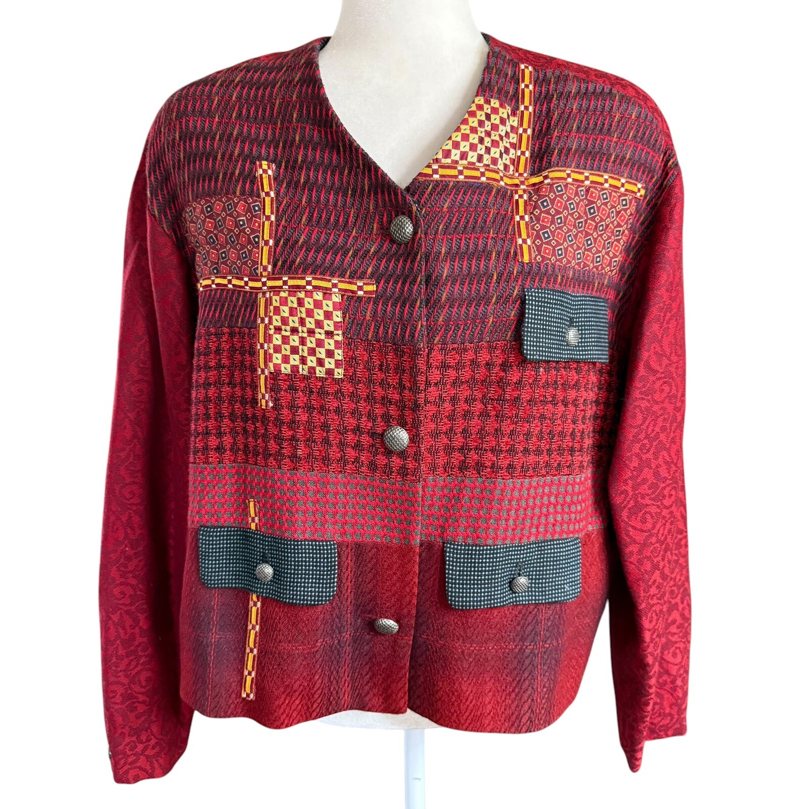 Vtg 80s 90s Canvasbacks Glutton Horsefield M Wool Silk Red Preppy Artsy Whimsy