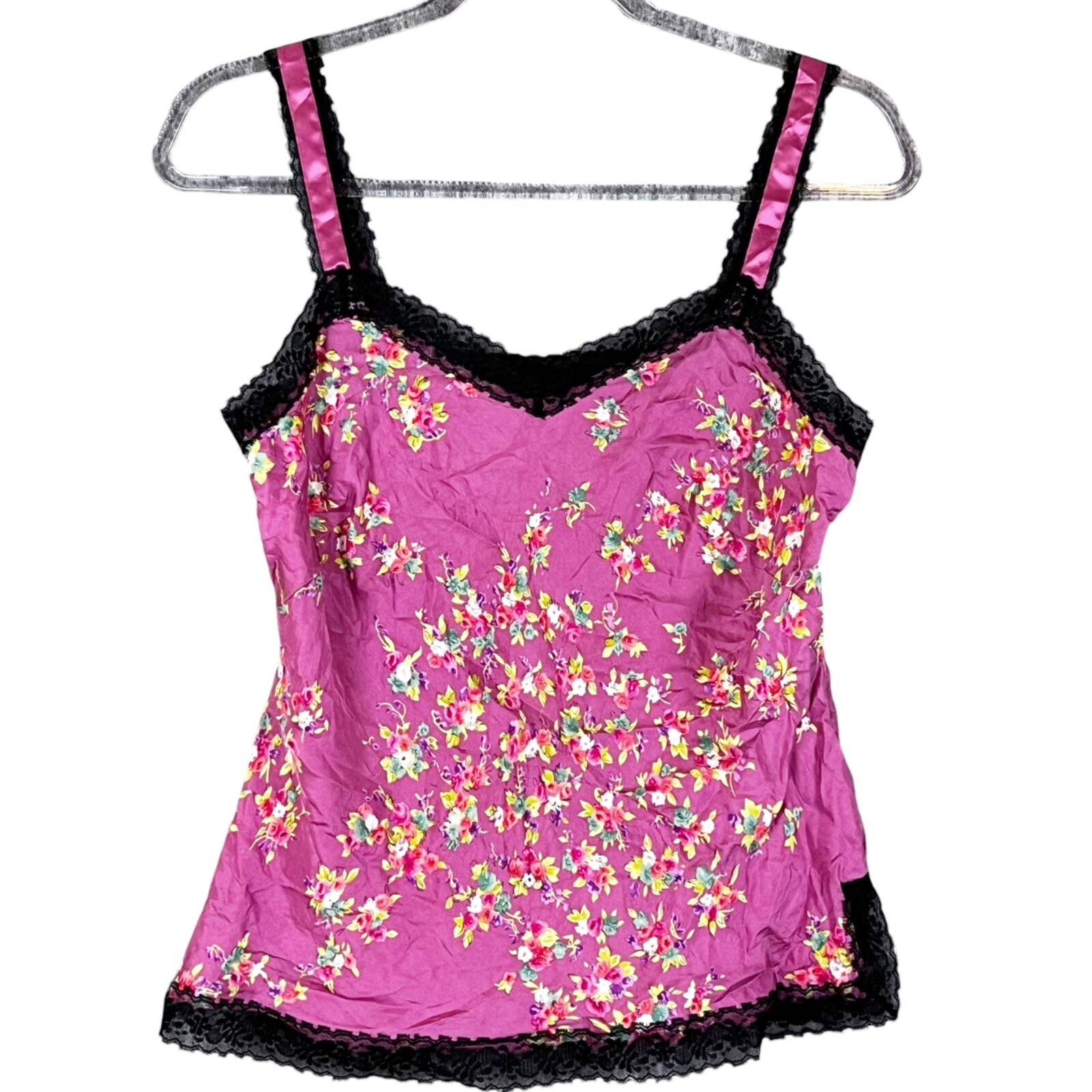 Y2K Vtg Coquette 100% Silk Cami Pink w Floral & Black Lace by Nine West Sz 4