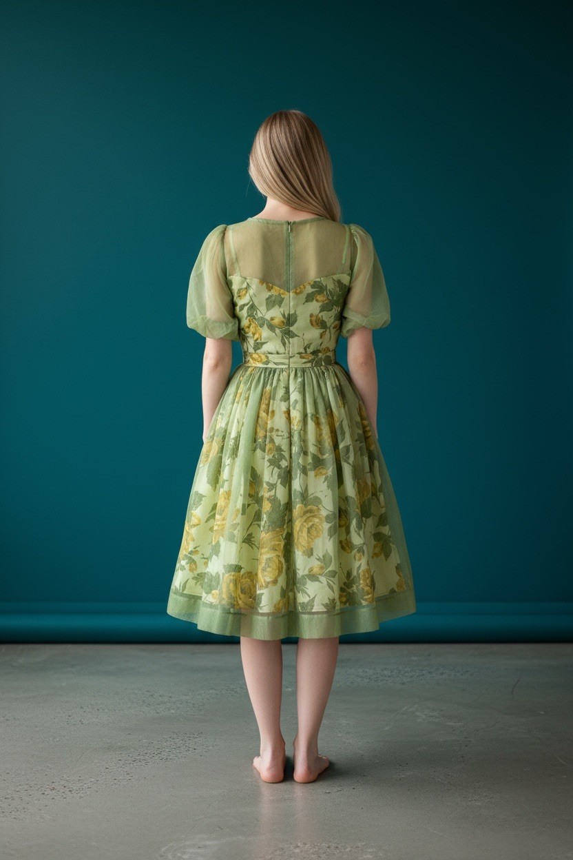 1950s Joyce Palmer Romantic Rose Floral Illusion Dress S