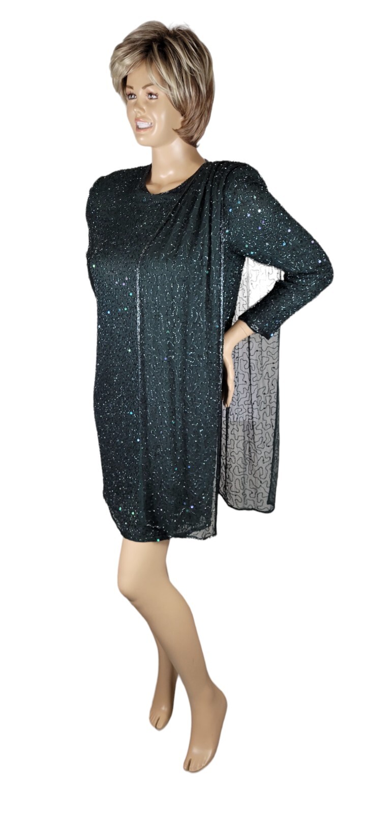Vintage Judith Ann Creations Hunter Green Beaded Sequin Cocktail Evening Dress L