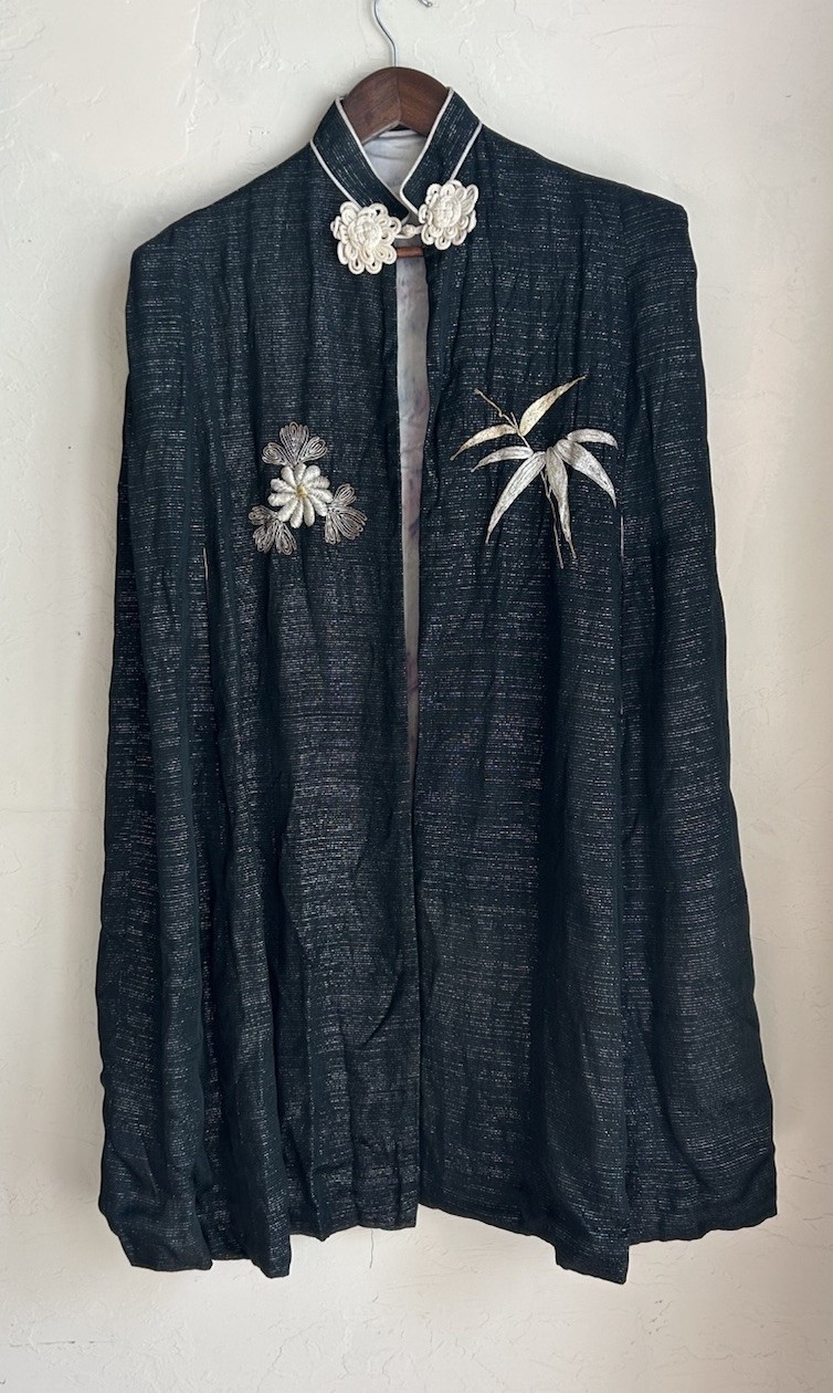 Vintage 1950s Made In Japan Embroidered Cape Silk Floral Bamboo Midcentury Bird