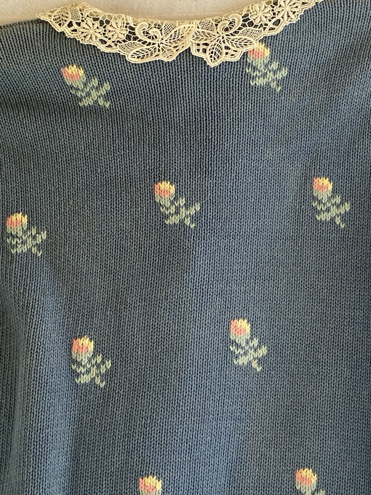 Cambridge Spirit Sweater, Women’s M Blue Floral Lace Grandma Cottage Core Fairy