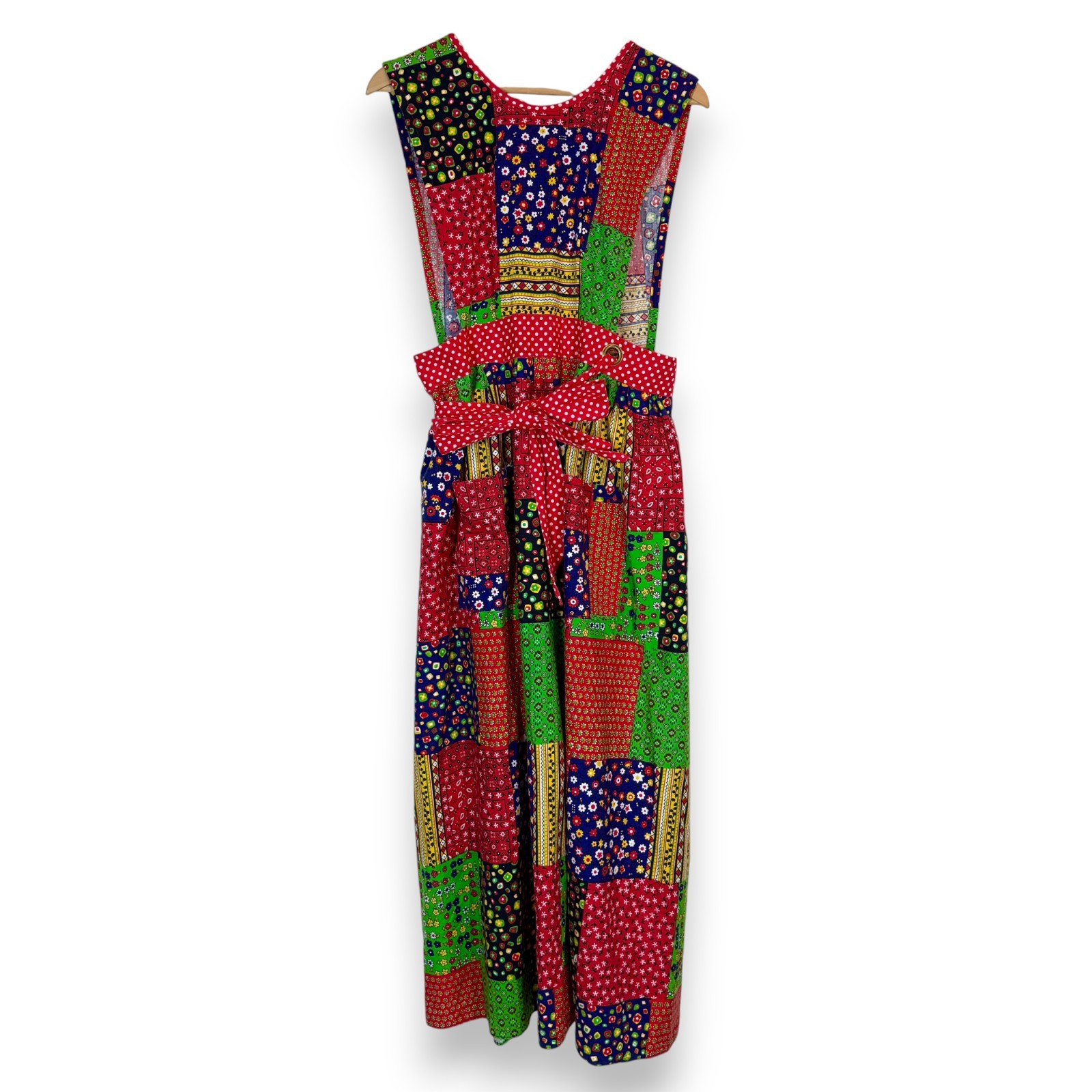Vintage Design House Pinafore Dress 70s Red Green Patchwork Cottagecore Prairie