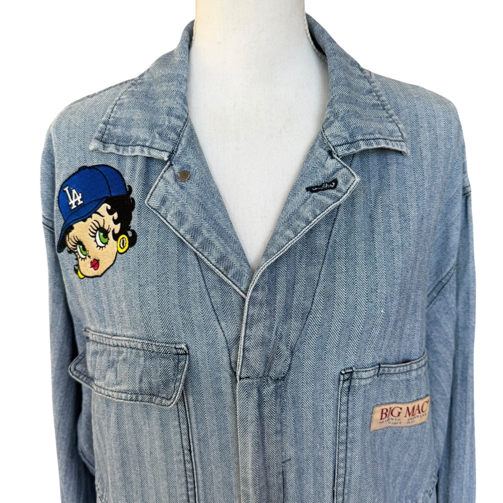 Vintage Big Mac Herringbone Denim Jacket Betty Boop LA Dodgers Chore Coat 48 Reg