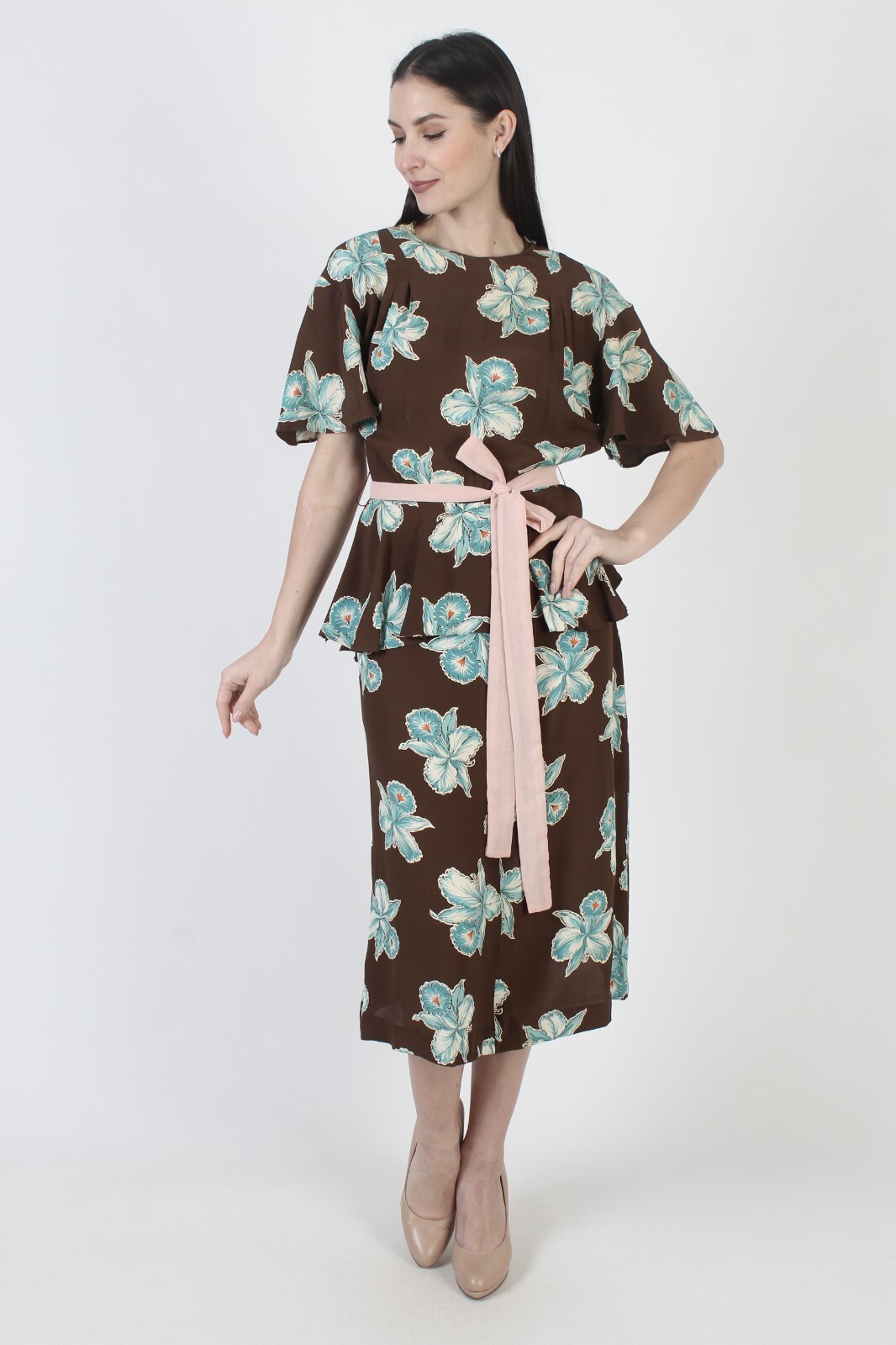 Vintage 40s Deco Dress Metal Side Zipper Peplum Full Skirt Hawaiian Tiki MCM