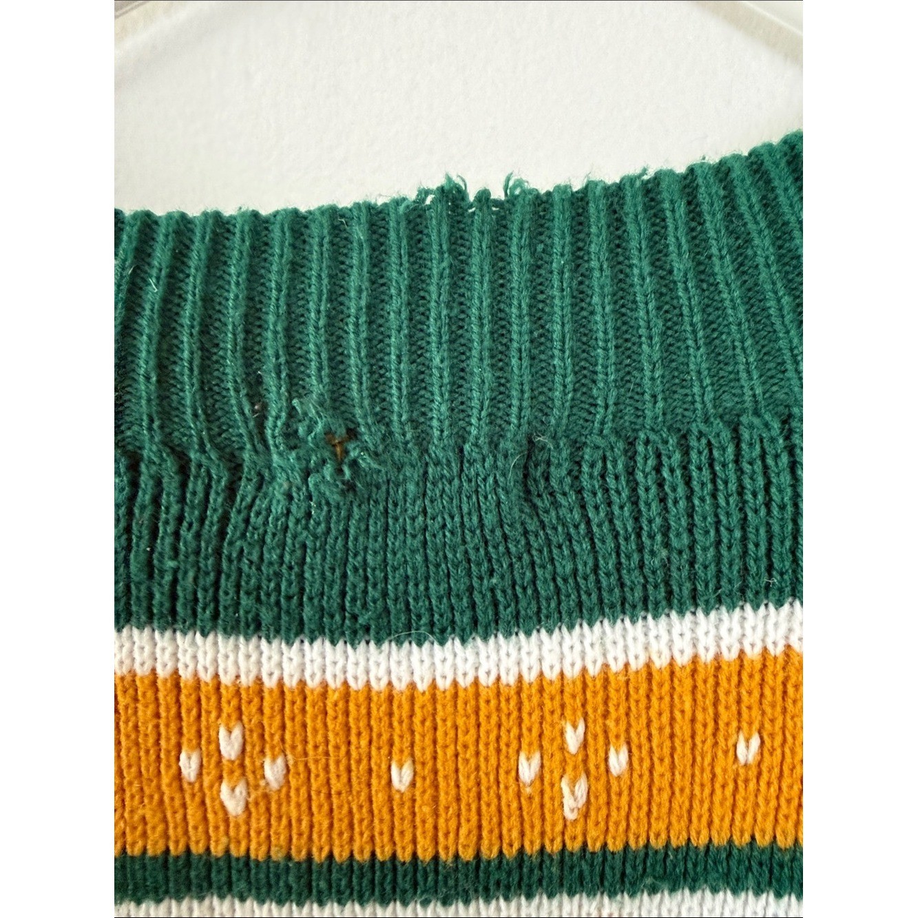 Vintage 1970s Nordic Ski Sweater Green Gold White Geometric Fair Isle Large