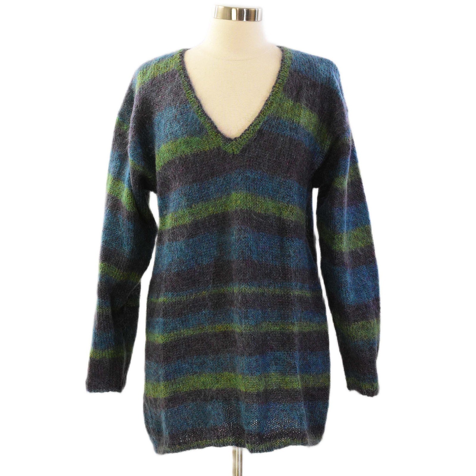 80s Vintage Oversized Tunic Mohair Sweater Womens S Striped Blue Green Boho