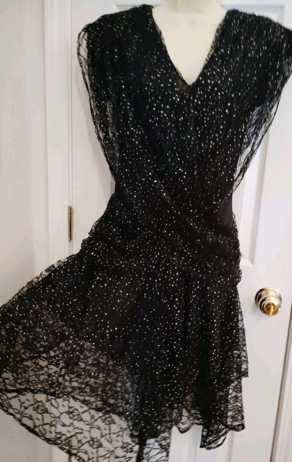 1980 PUNK GOTH FAIRY prom dress black silver lace layers handkerchief 8/10 USA