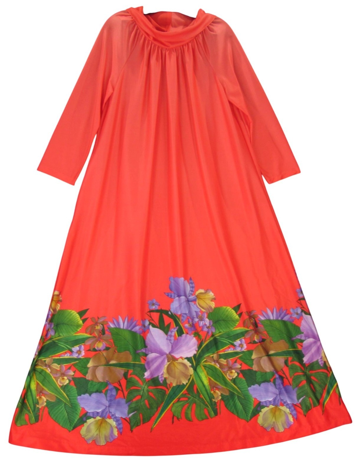 Vintage Cowl Neck Pullover Housecoat Caftan Lounge Dress M Coral Tropical Orchid