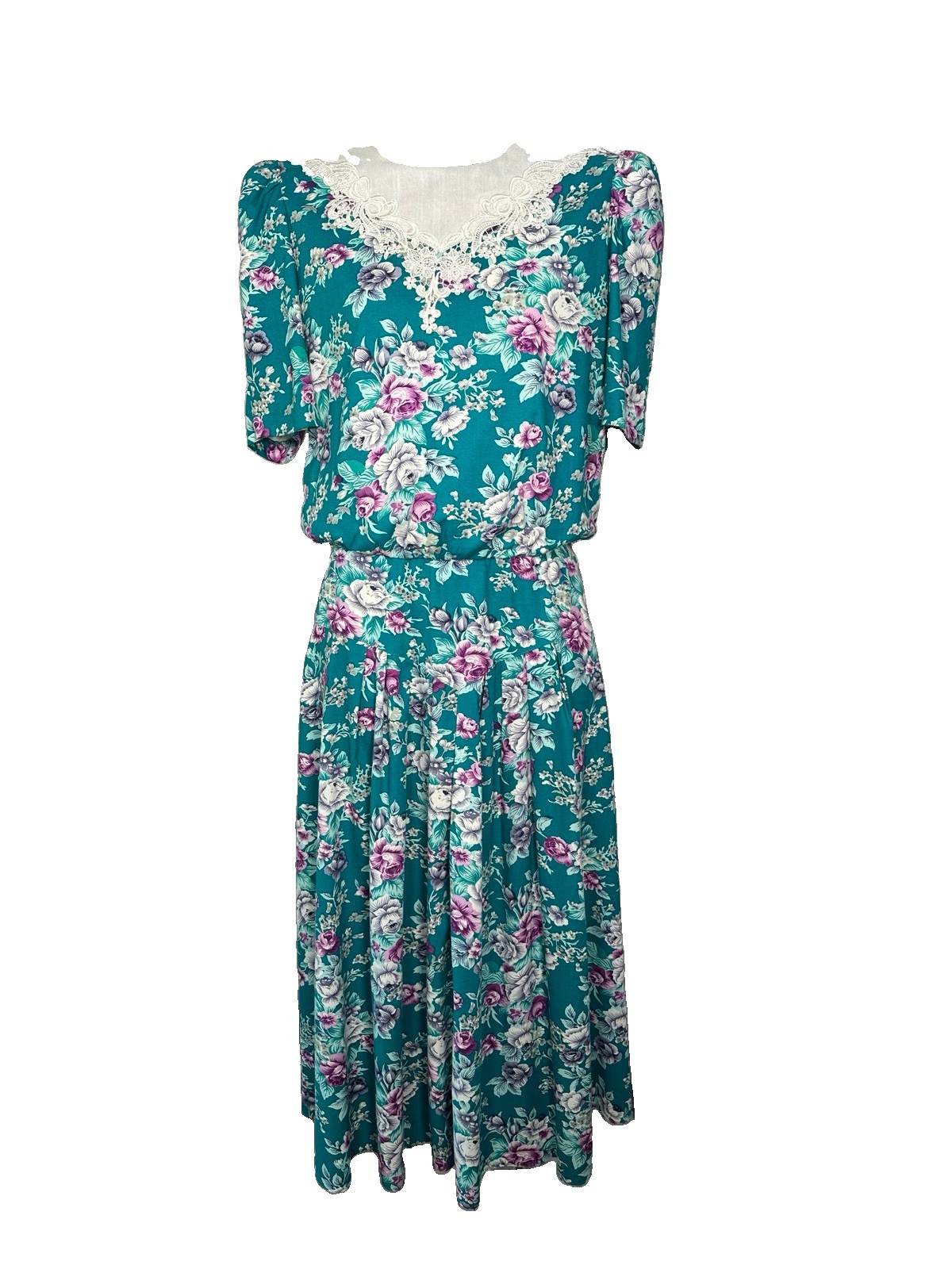 Vtg 80s Cottagecore Floral Dress Puff Sleeve Garden Party Romantic 40s Style M