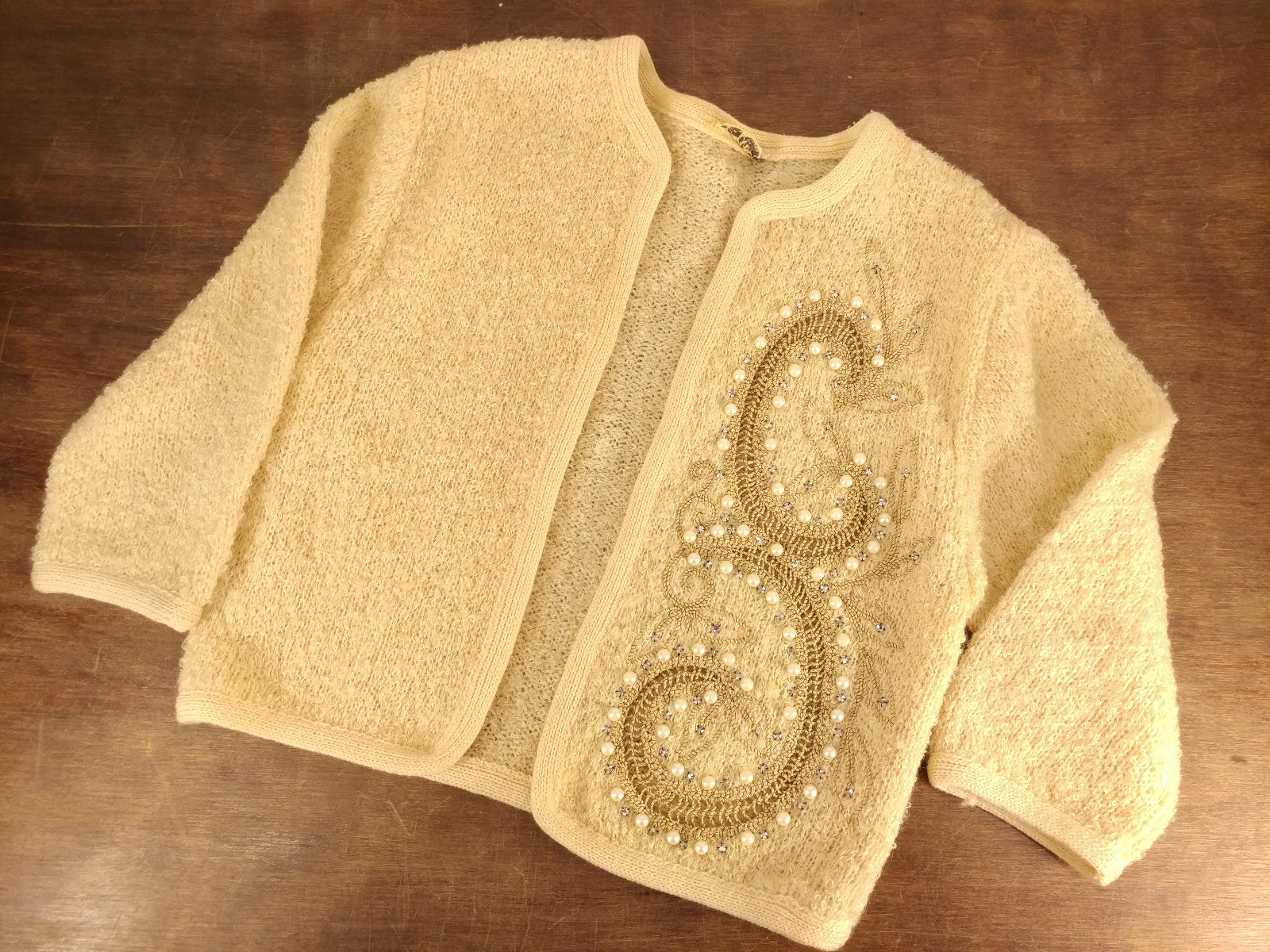 Vtg 50s Glam ETHEL of Beverly Hills Cream Pearl Cardigan Sweater Wool Up to 34″