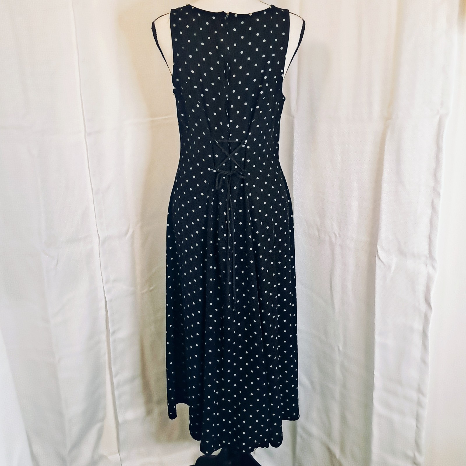 Vtg 90s Casual Corner Black Cream Polkadot Midi Dress Corset-Style Back 11/12