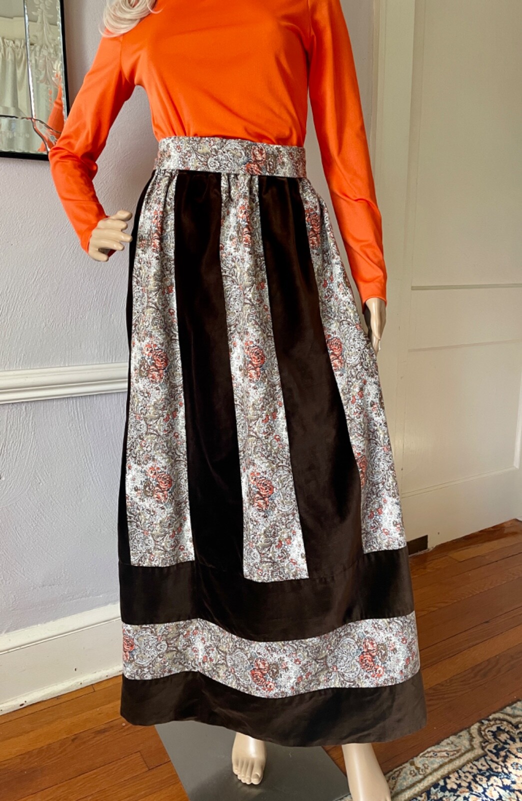 1970s Mr Hank Vintage Set, Velvet Patchwork Maxi Skirt, Cowl Neck Top, Size S