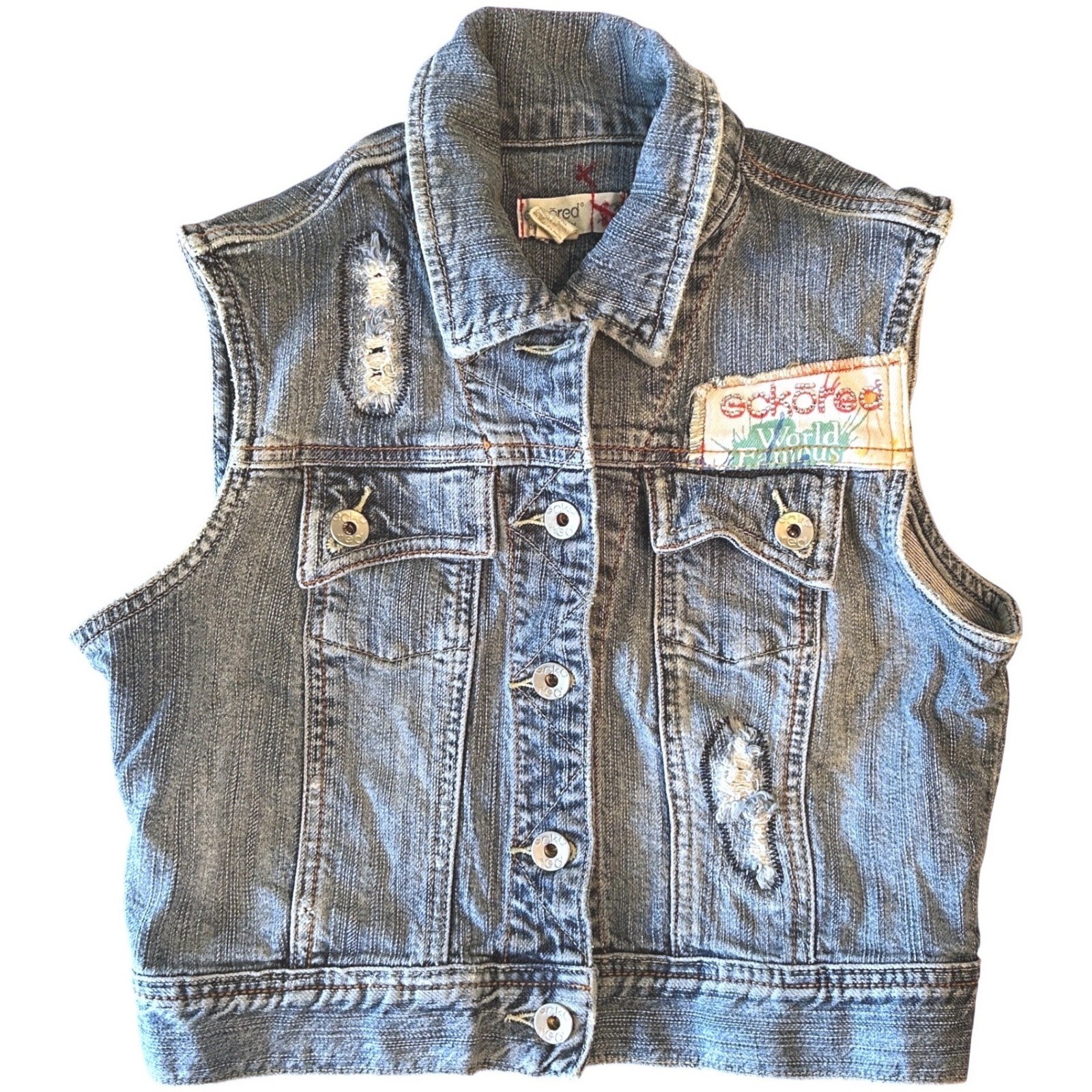 Ecko Red Denim Vest Womens M Blue Distressed Graffiti Y2K VTG Streetwear Hip Hop