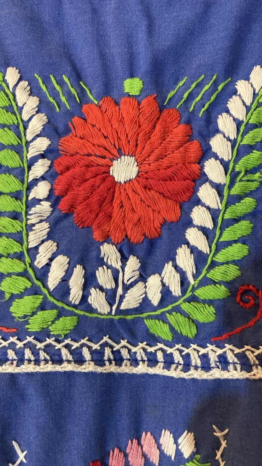 Vintage Mexican Peasant Dress Blue Hand Embroidered Floral Boho Huipil M/L 36″