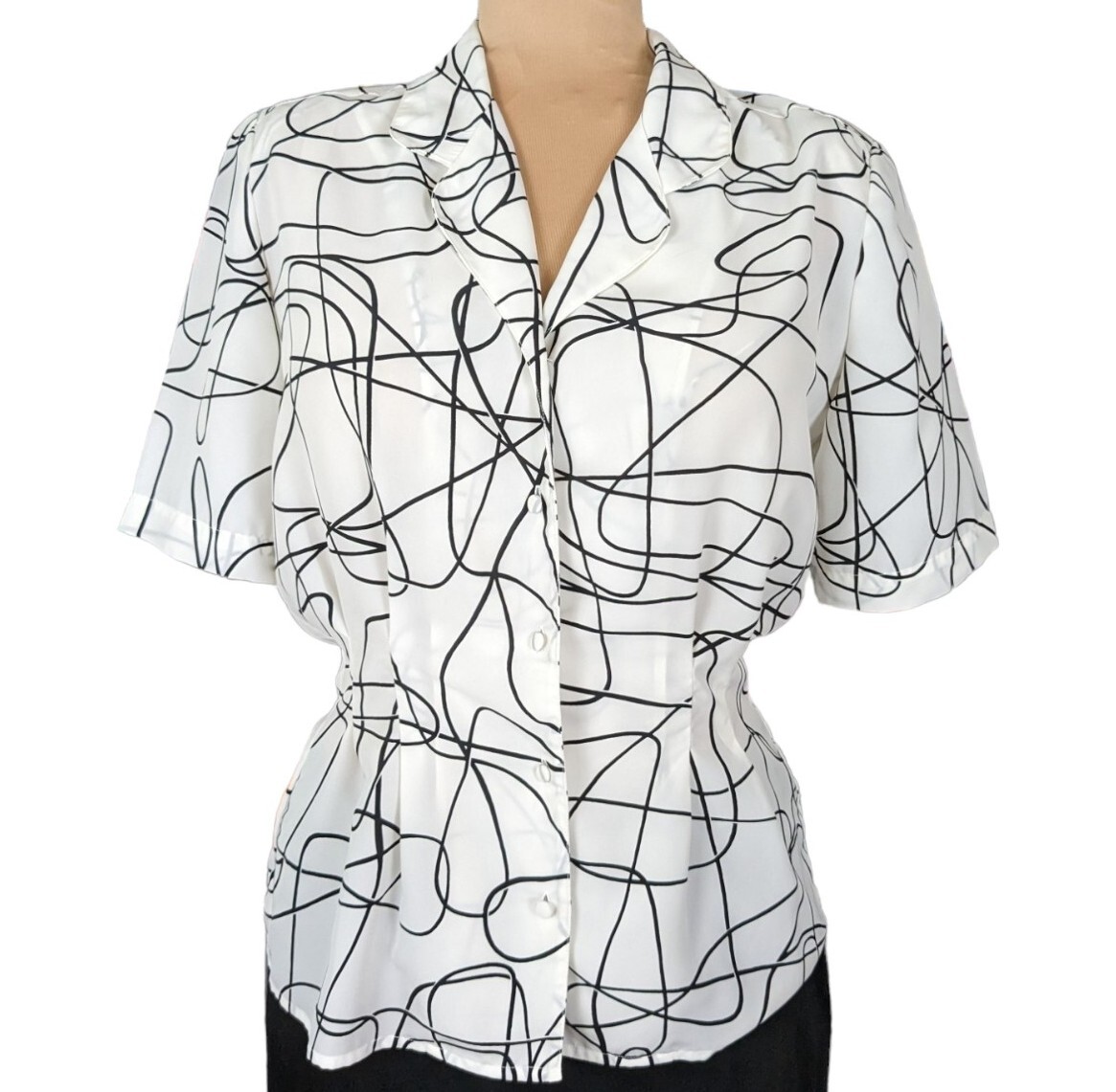 Vtg 80s M/L Lloyd Williams Black White Abstract Blouse Art to Wear New Wave Work