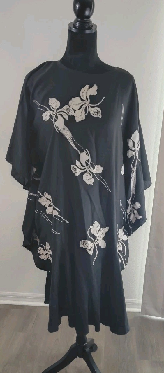 Vtg Hans Jutte Hawaii Orchid Caftan Dress Angel Batwing Kimono Sleeve Black…