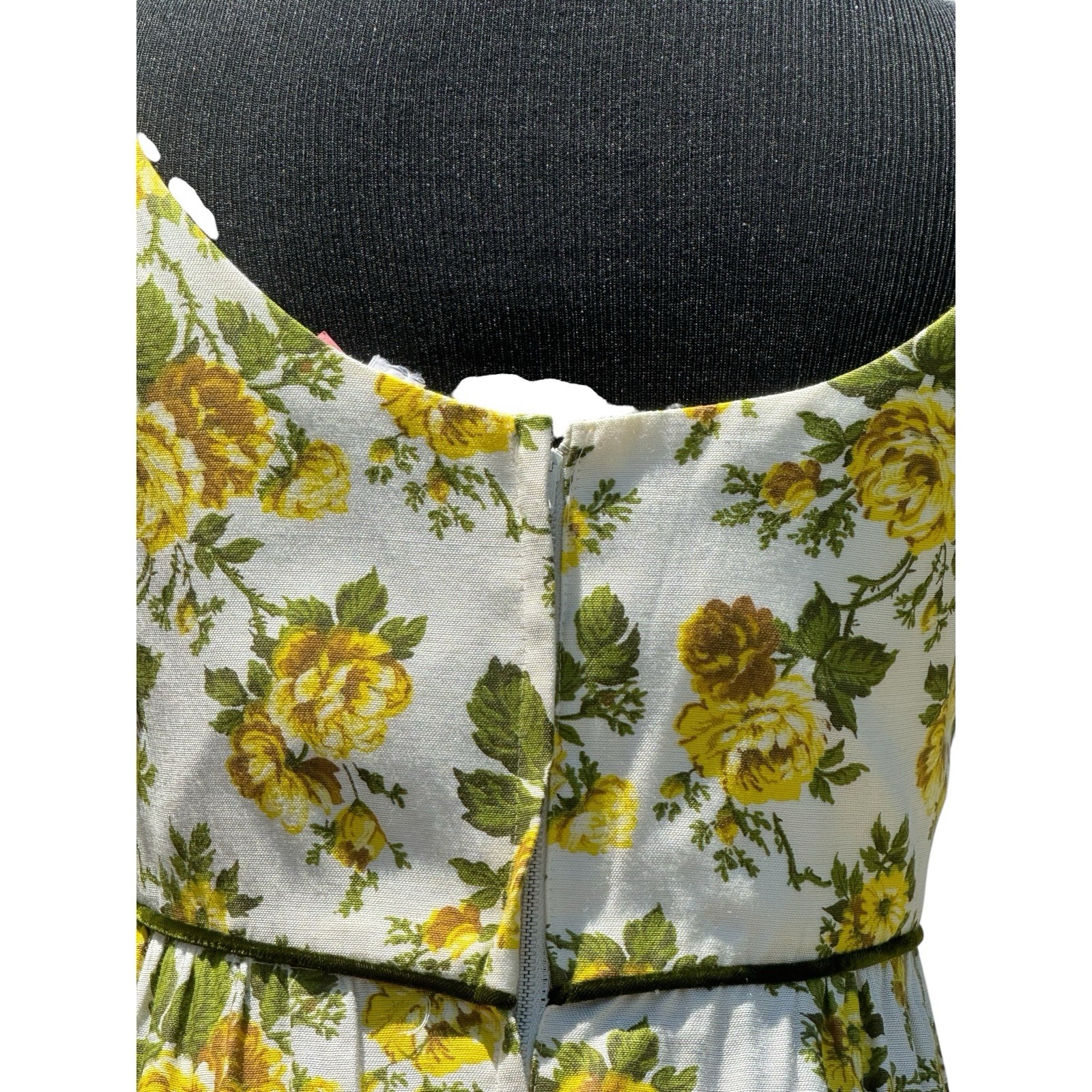 Vintage 60s 70s Floral Maxi Dress Yellow Roses Empire Waist XS