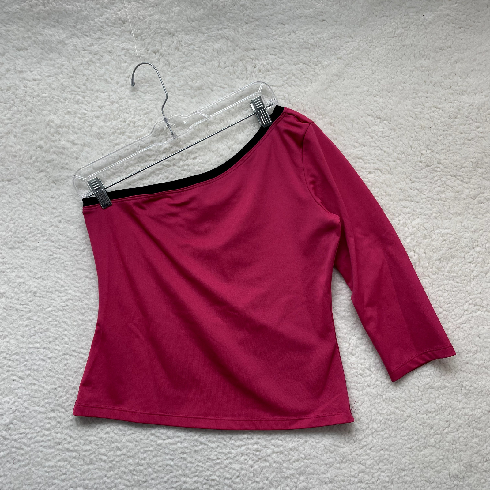 90s Y2K Vintage Top Large Fuchsia Pink Slinky Stretch Asymmetric One Shoulder