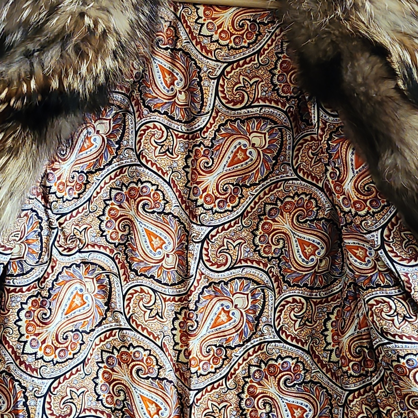 Vintage Rabbit Fur Coat w/ Raccoon Fur Collar & Trim Paisley Lining 41″ -AS IS-
