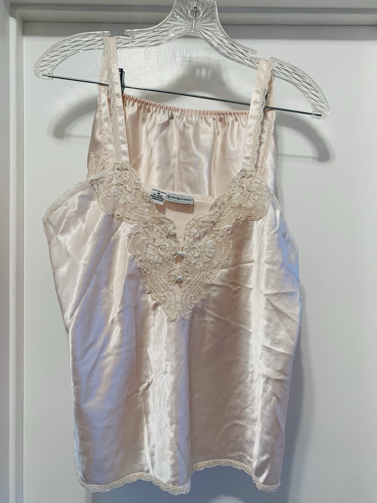 Vtg Lauren Alexandra 2 Piece Sz M Pink/ Cream Lace Pearl Detail