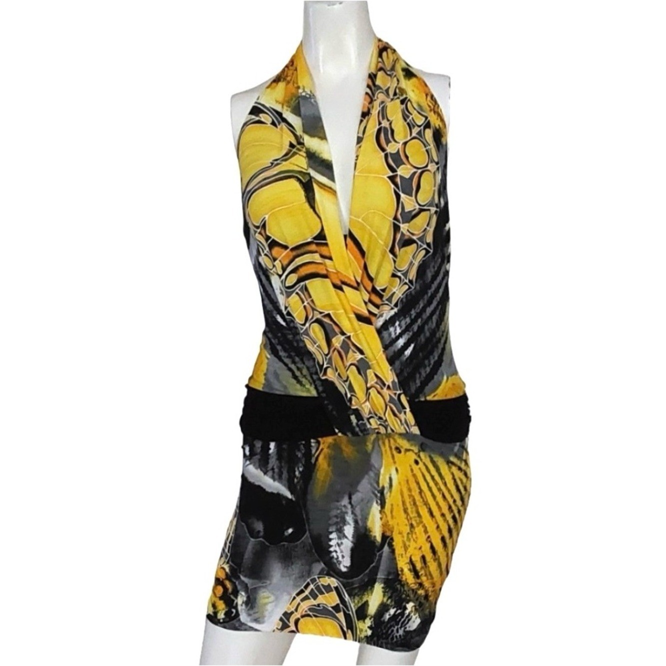 NWT Cache halter dress size S butterfly wing Yellow Black Vtg Y2k Deadstock $118