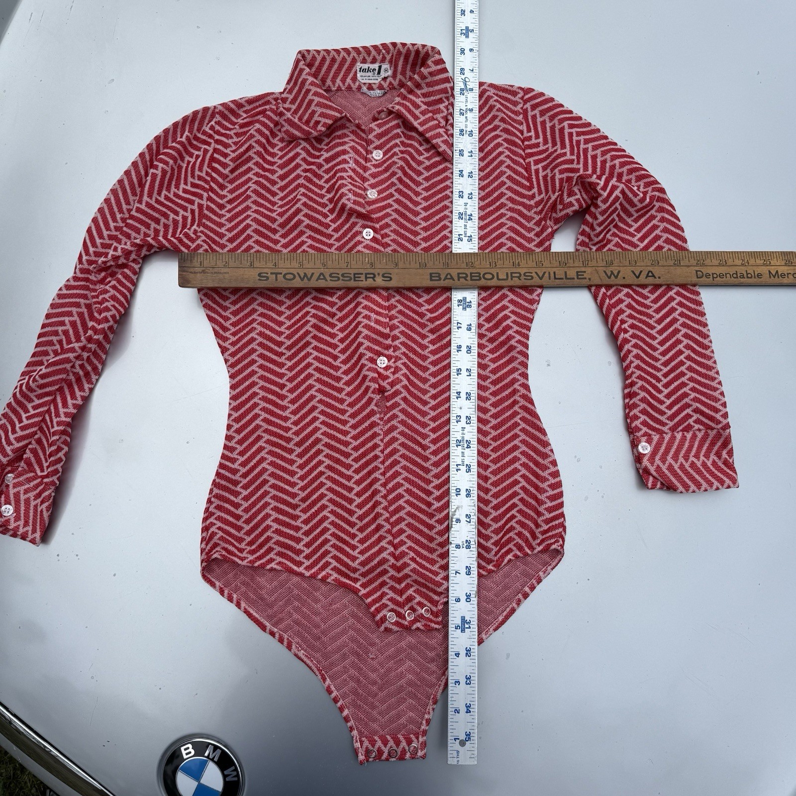 70s Retro Take 1 long-sleeve snap-crotch bodysuit Pointed Collar Nylon Poly SZ M