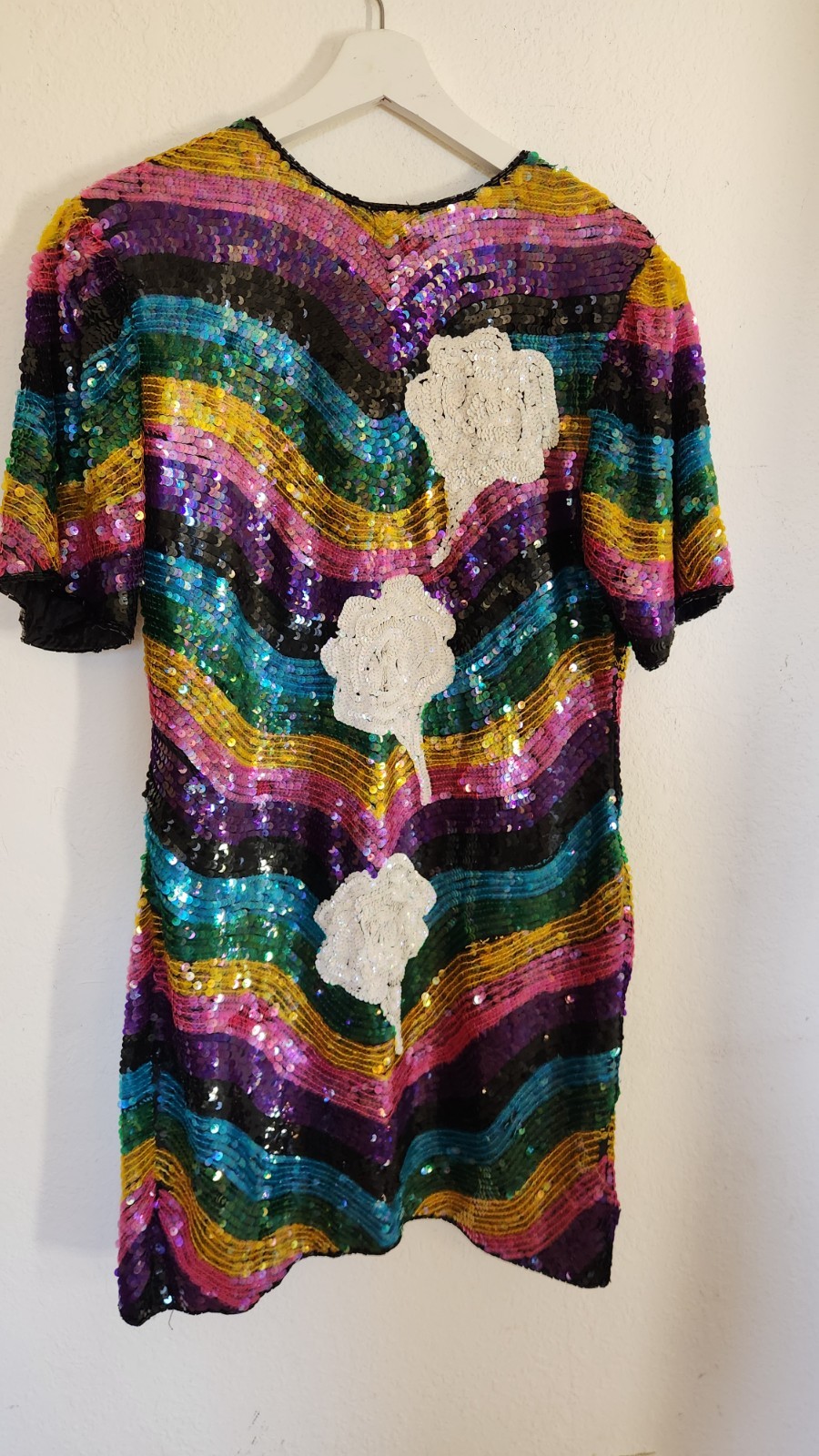 1980s Rainbow Stripe Silk Beaded Sequin Dress I Sz Med Imperial Handicrafts