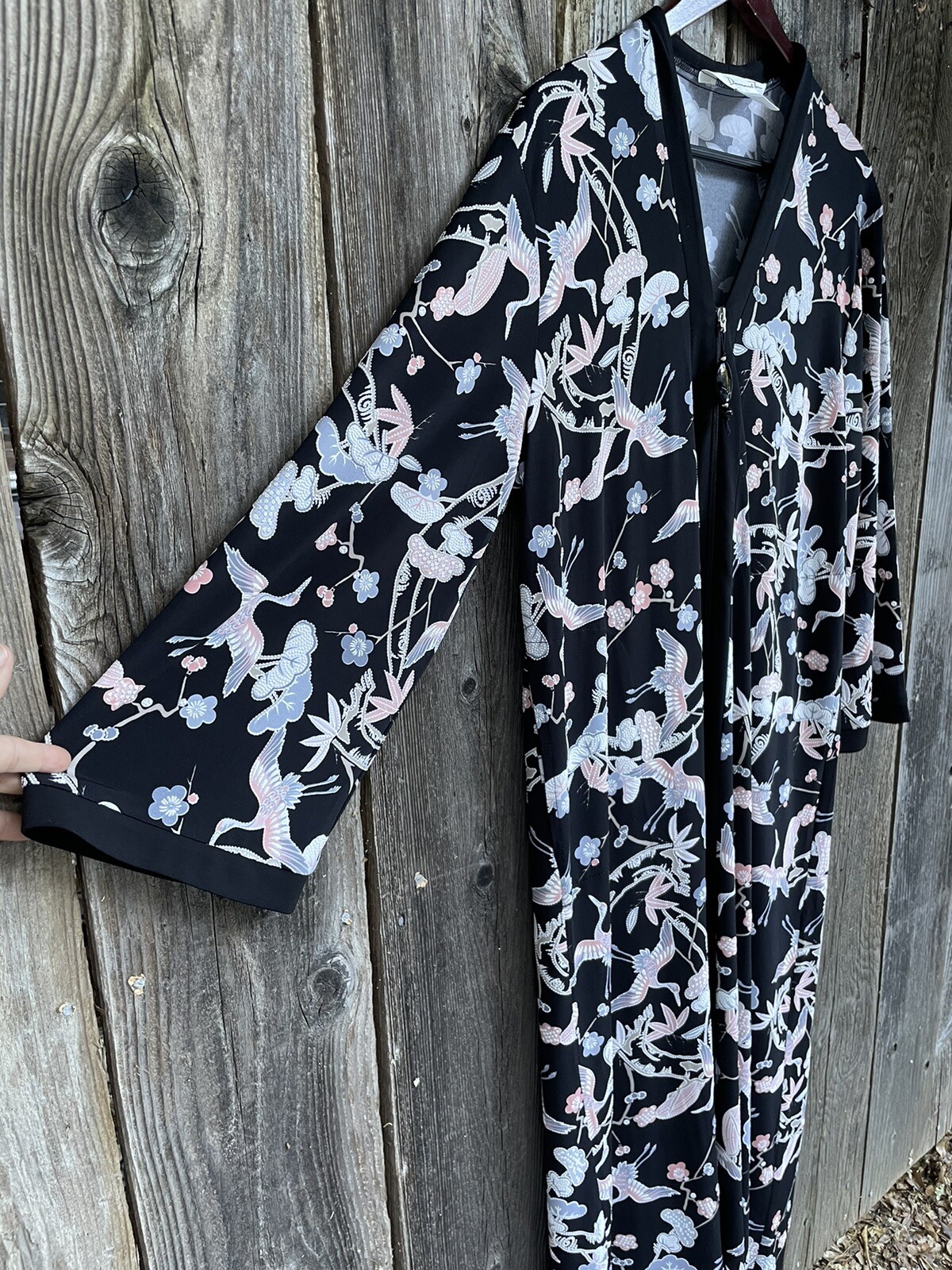 Diamond Tea Robe Kaftan House Coat Dress L Large Canada Cranes Embossed Black