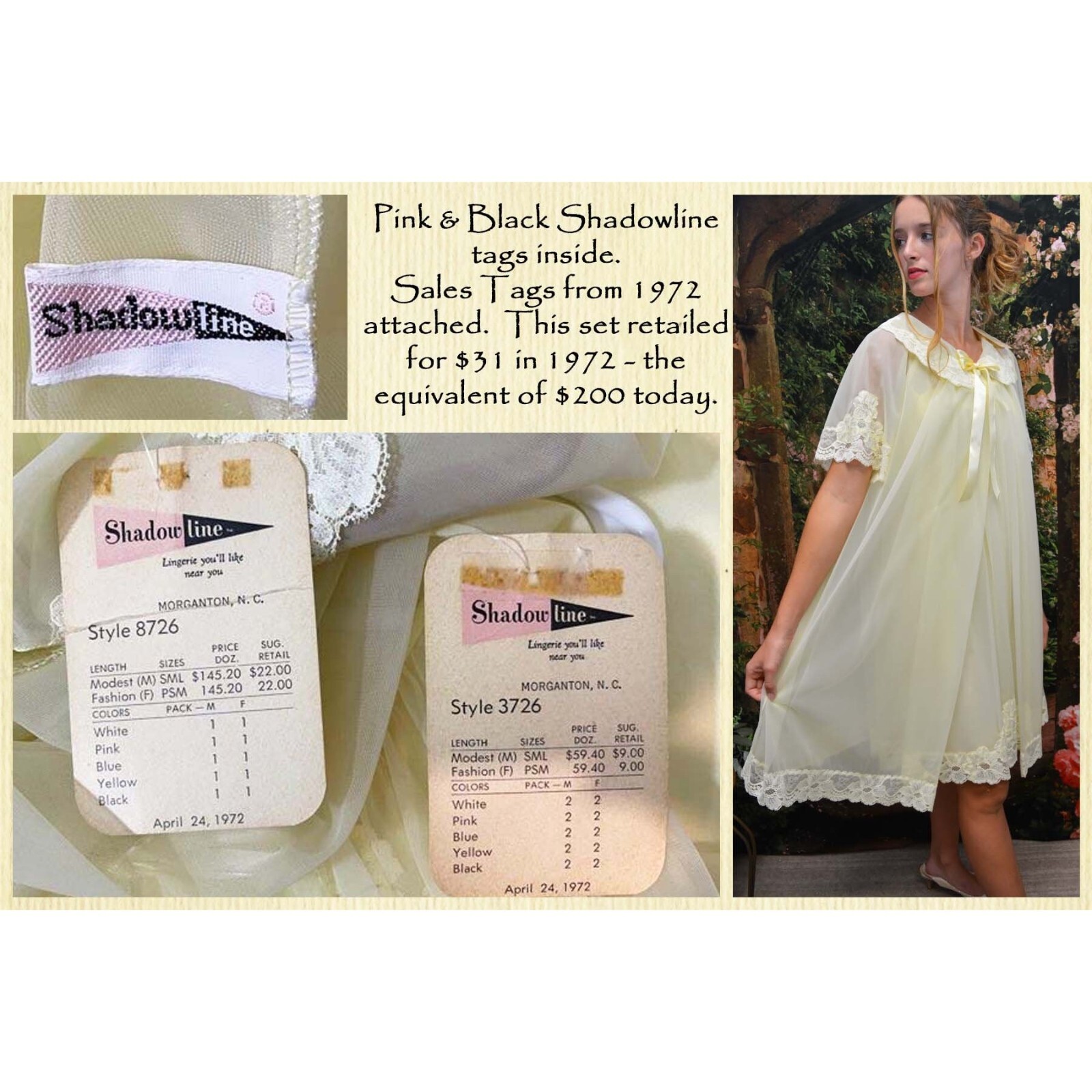 SHADOWLINE Nightgown & Robe, Chiffon, Lace, Honeymoon NOS w/Tags VTG 1972