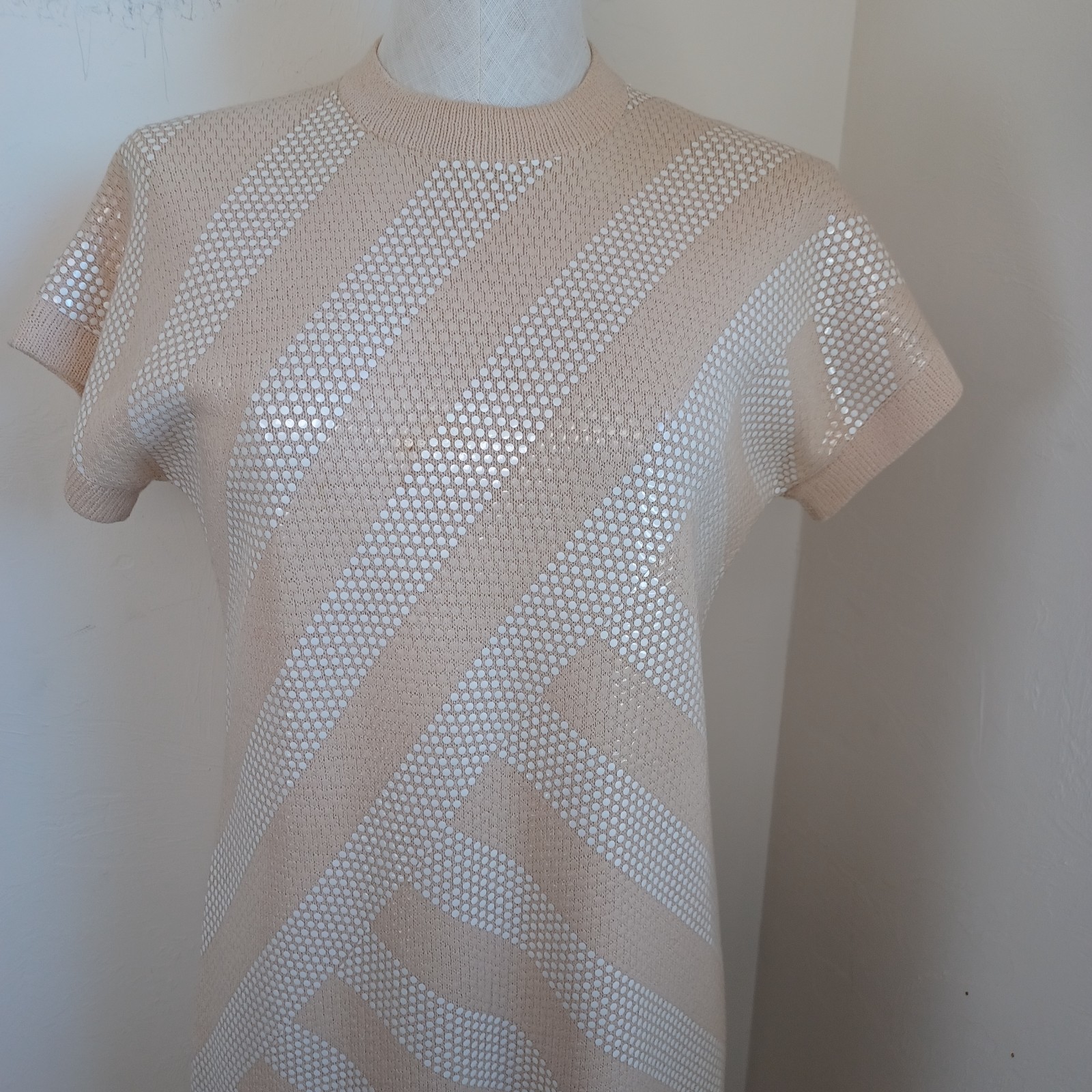 St John Saks Fifth Avenue Vintage Knit Sequin Geometric Dress Peach Sz 10 USA