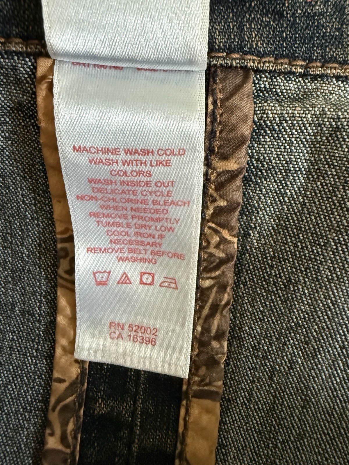 Vintage TapeMeasure Denim Jacket Belted Stretchy Blue Brown Pockets Women 10 EUC