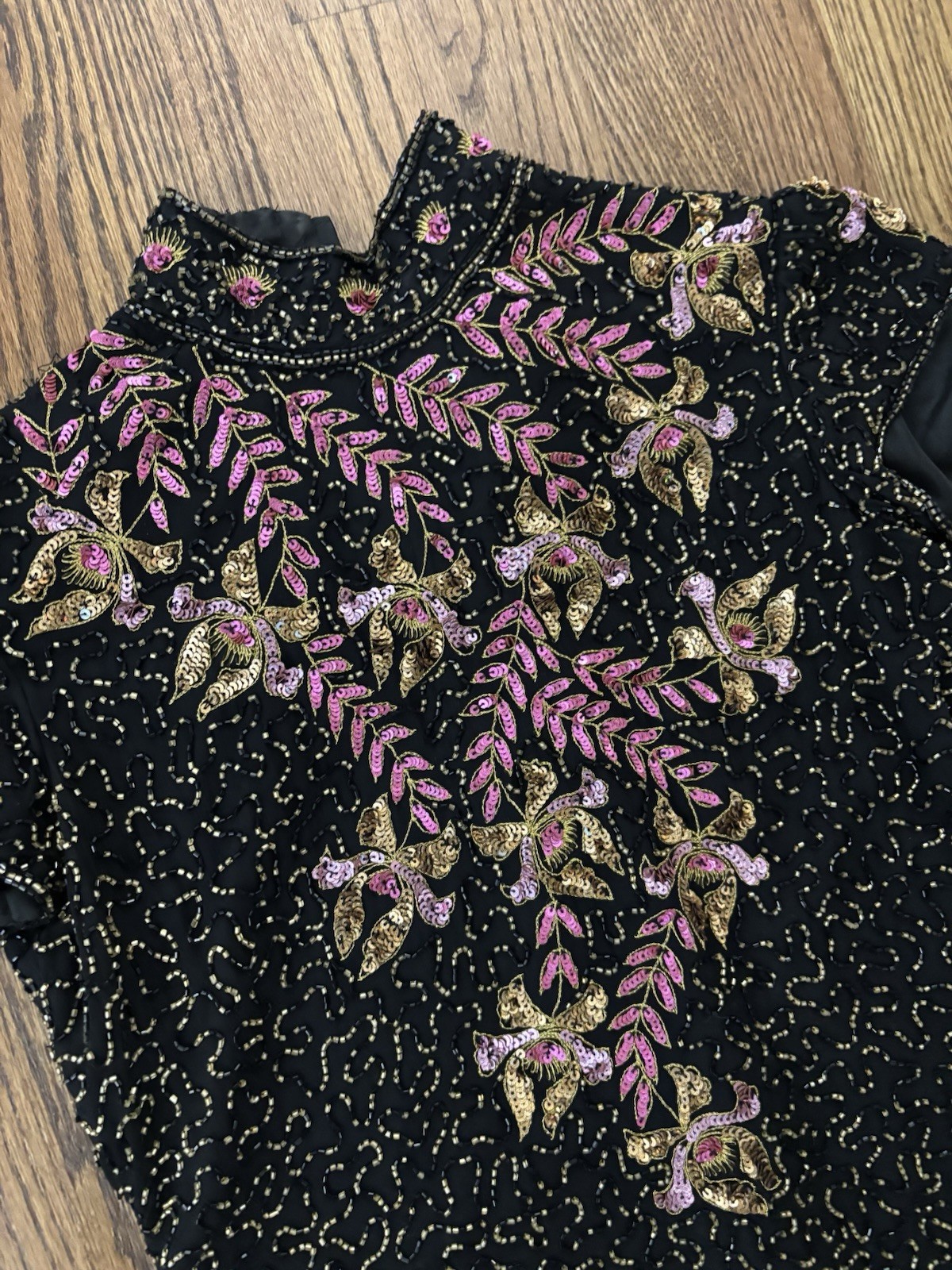Vintage Joseph Le Bon Asian Style Mandarin Collar SS Beaded Sequin Trophy Top L