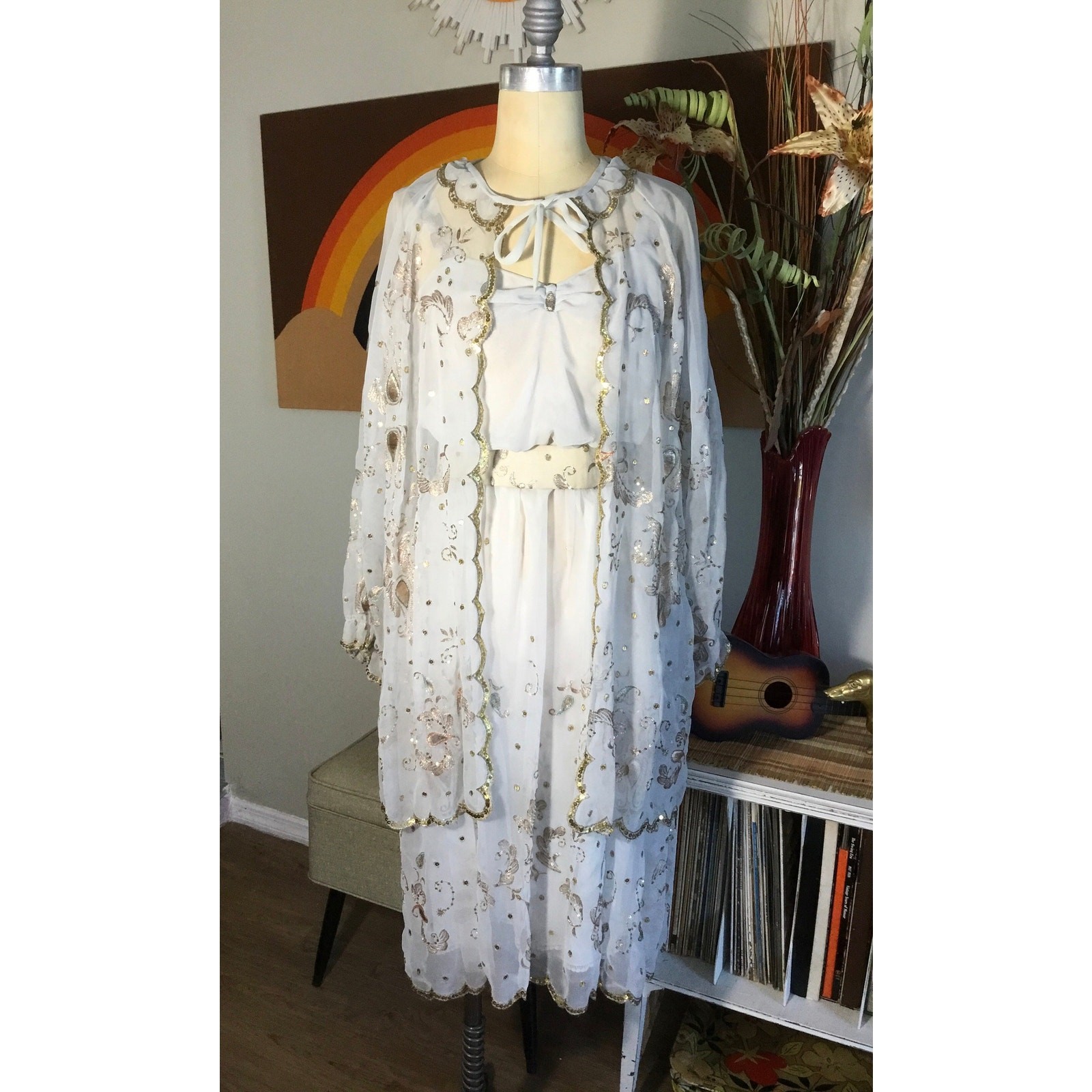 1980s Milan Italy White Gold Embroidered Dress Jacket Set Vintage Mother Bride