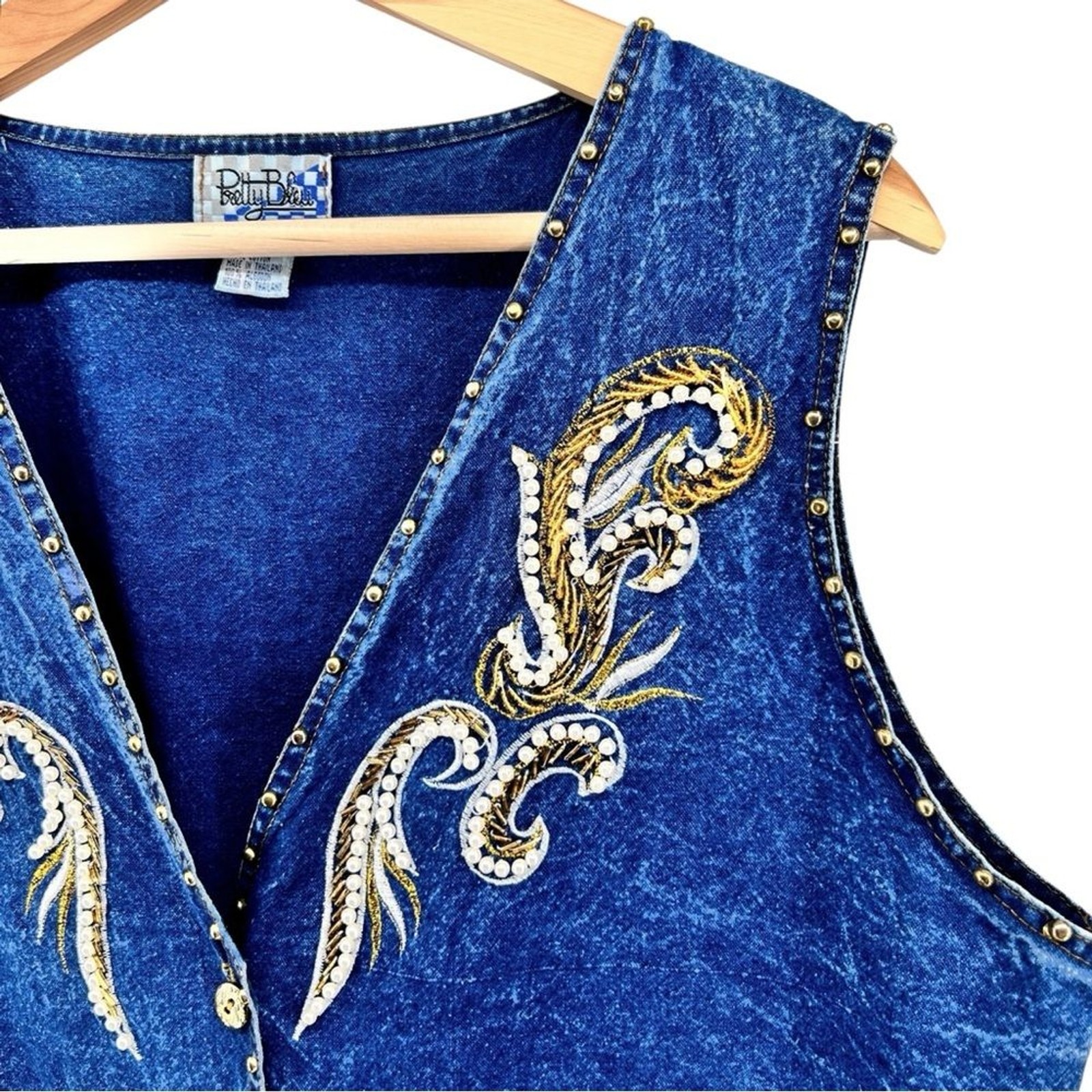 Vtg Pretty Bleu Gold Embellished Western Denim Jean Vest Sz L Beaded Embroidery