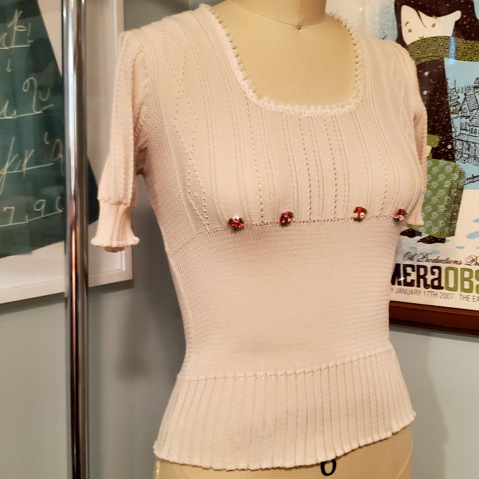 Nod to 1930s/40s Era Styling: Knitted Cream Color Sweater Blouse w/ Rosettes