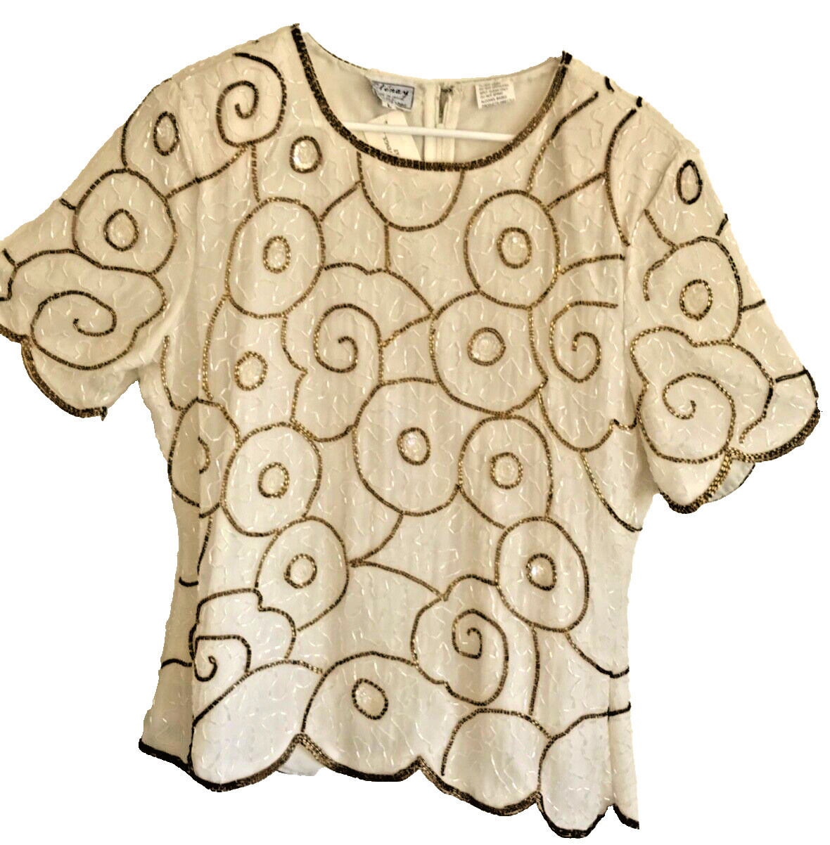 Vintage Silk Beaded Top, Ivory & Gold Stenay Deadstock Blouse, Shirt Formal L