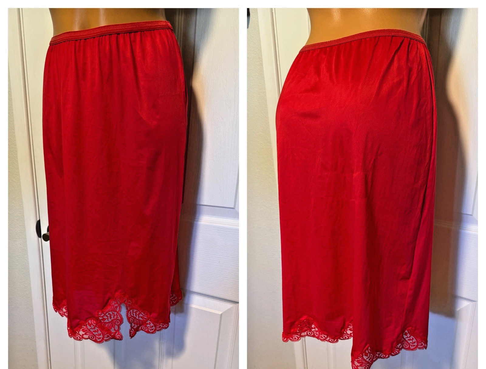 VTG 1960’S KAYSER RED NYLON W/ OILLOW TAB & SCALLOP LACE TRIM HALF SLIP USA SZ S