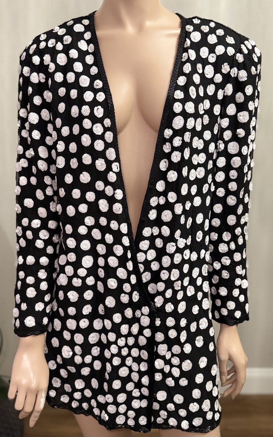 Vtg Judith Ann Creations 100% Silk Beaded Sequin Jacket Black White Polka Dot M