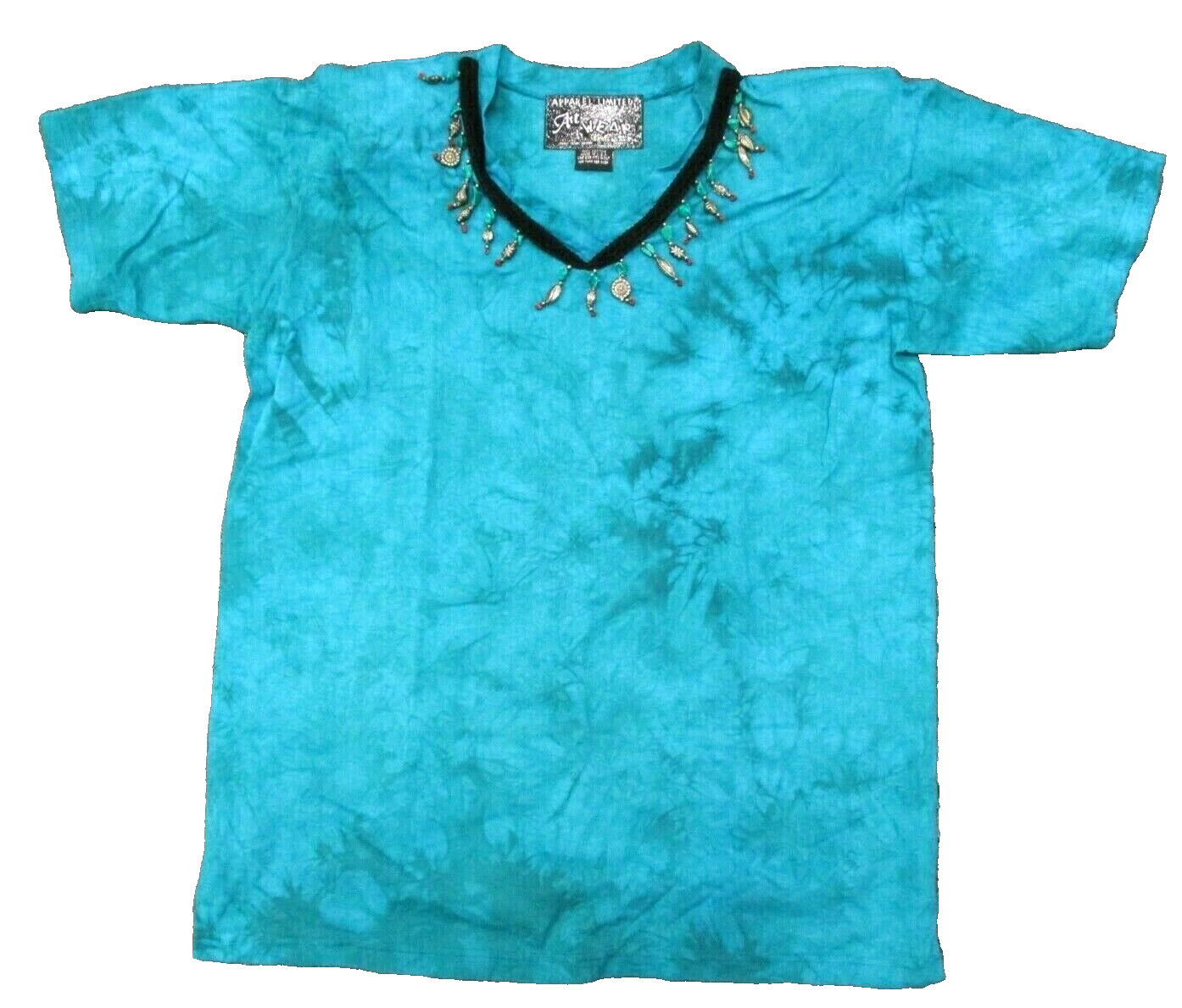 Womens 1990s T Shirt Vtg Green V Neck Art Wear Made in Los Angeles OSFM One Size