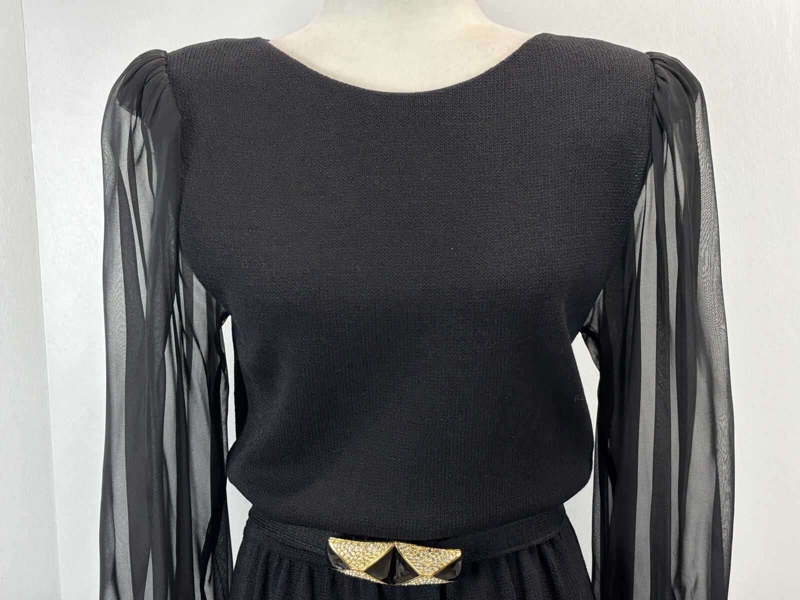 Vtg St. John By Marie Gray Knit Dress Black Sheer Sleeves Belt Cuff Buttons HTF