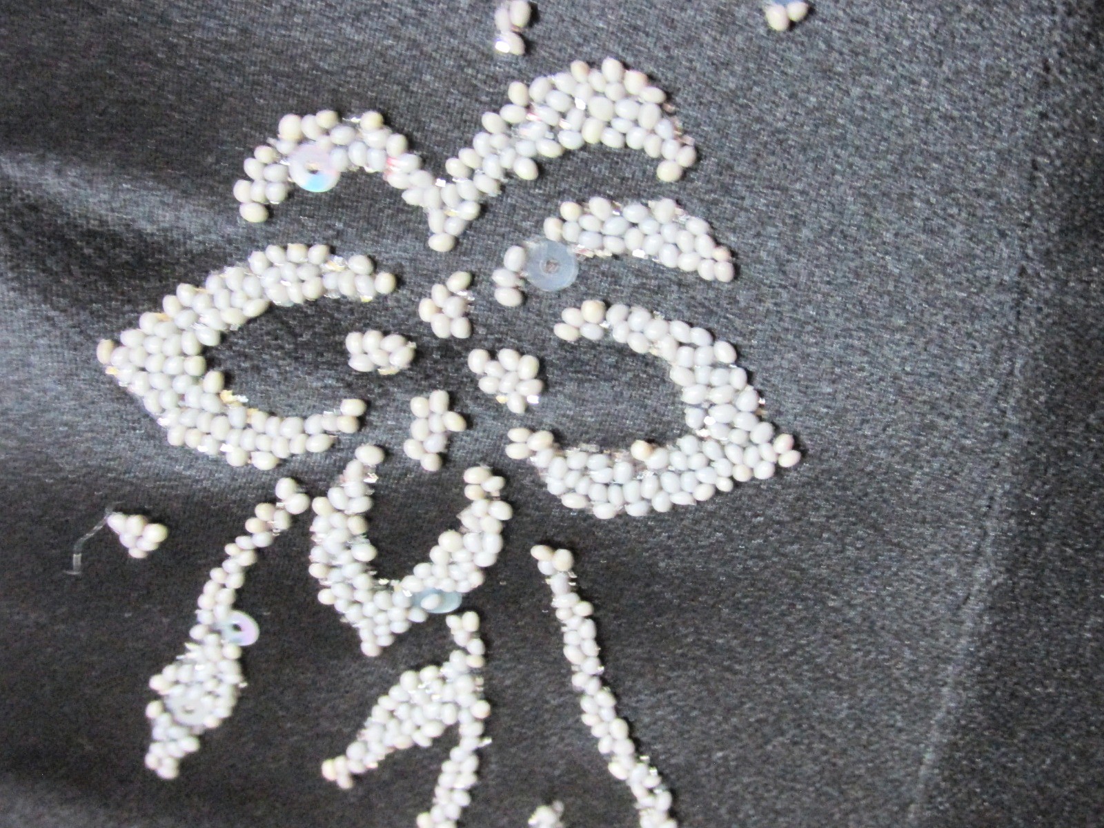 VTG Black Brushed Satin Gown White Lace-Up Back Silvery Gray Caviar Beading SZ 8