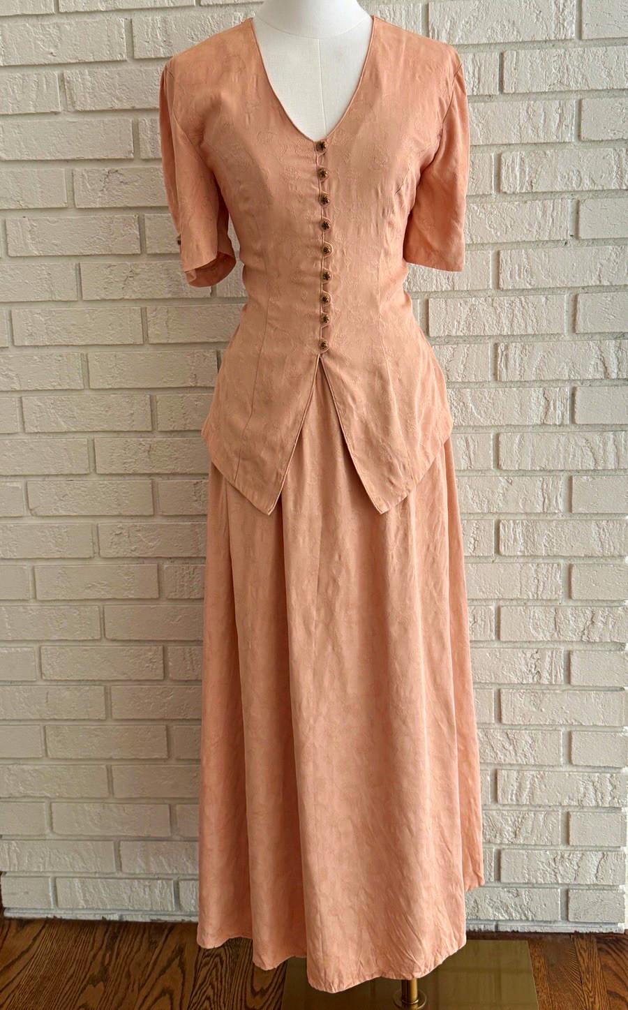 VTG Peach Floral Jacquard Brocade Skirt Set XS S Cottagecore Coquette Rose USA